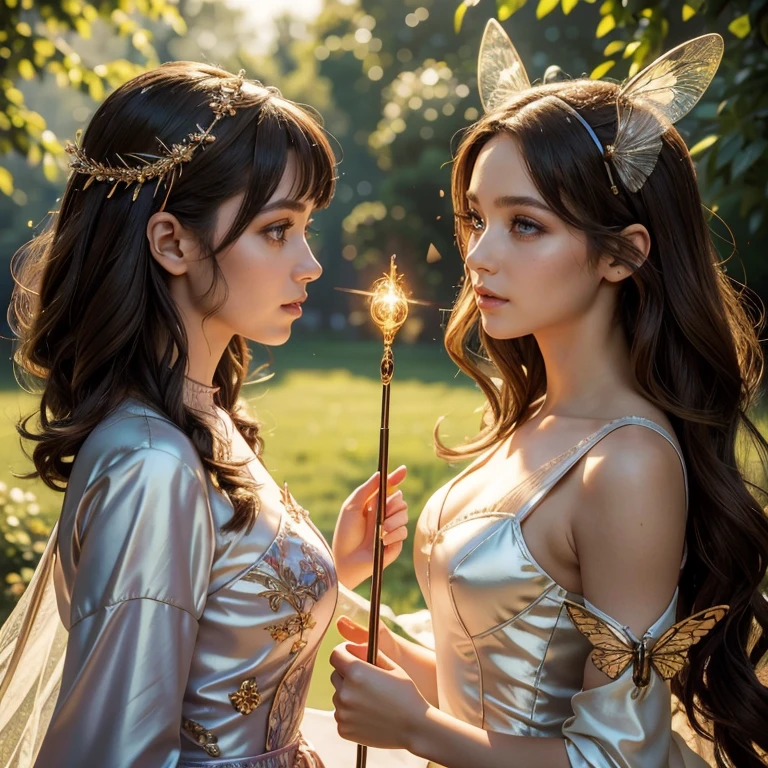 (​masterpiece, best quality:1.5), highest quality, High resolution, super detailed, Realists, Upper body photo of a red-haired sorceress, detailed and beautiful eyes, beautiful detailed lips, very detailed eyes and face, longeyelashes, shiny satin dress, Holding a wand in your hand and performing a transformation spell, Magic wands present and shiny, Beautiful and colorful makeup, elegant and noble々The jewelry bag, Gardens as background, soft daylight, bright colors, fine brushstrokes, Portrait style, Silk dress fabric, beautiful color palette, glowing skin, First-class rendering, that captures every detail, enchanting atmosphere, subtle shadows and lights, (perfect anatomy:1.2), (The two stunning sorceresses transform wasps into butterflies (a transformation with the magic wand:1.4), (magnificent panorama view:1.2)