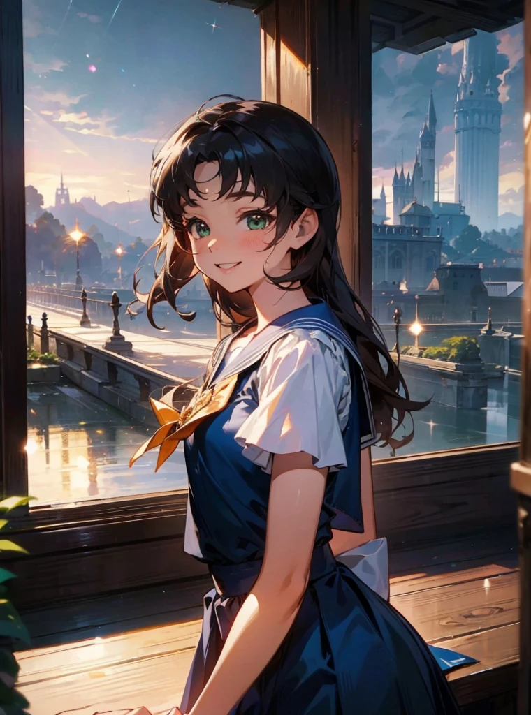 Long Hair, とてもLong Hair, smile, happiness/joy, laughing, smile, dress、luxury、Frills、race、ribbon、light blue、green、Princess