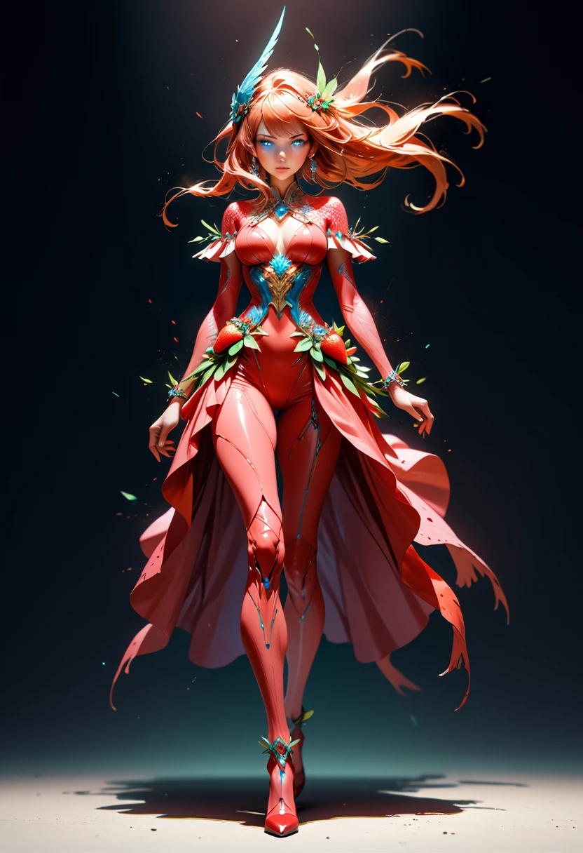 a portrait of  an exotic, elegant beautiful mecha woman eating an epic, (legendary strawberry: 1.3) in cocktail party , ((full body: 1.5)), ((anatomically correct: 1.5)), (ultra detailed face: 1.2), dynamic eye color, glowing eyes, dynamic hair color, dynamic hair style dynamic skin complexion, wearing 1960's glamour intricate dress, high. fashion dress, dynamic color dress , wearing high heels, cocktail party background, vibrant, Ultra-high resolution, High Contrast, (masterpiece:1.5), highest quality, Best aesthetics), best details, best quality, highres, 16k, (ultra detailed: 1.5), masterpiece, best quality, (extremely detailed) RAW, (ultra details, Masterpiece, best quality), Hyperrealism style, MechanicusStyleAI, 
