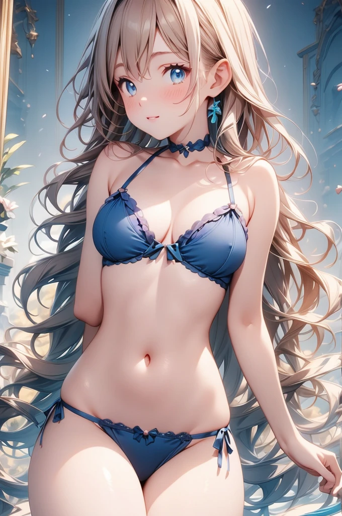 Anime girl in blue lingerie in the kitchen with sink and counter, ((masterpiece)), ((Best Quality)), 8K, detaileds, Ultra-detailed, Detailed and Intricicated, a girl in, big rounds breasts, in one's underwear only, navy blue lingerie, Staring at me shyly, dark brown hair, swept bangs, gradient bangs with blue tips, long hair, side ponytail, wavy hair, shiny hair, hairclip, aqua eyes, (gradient eyes:1.3), glowing eyes, pupils sparkling, blush, bright pupils, glossy lips, cute face, slim waist, shapely legs, beautiful thighs, whole body, anime CG style, high definition, natural light, high detail, anime, dithering, image fill, perspective, Wide-Angle, f/1.8, 85mm, Sony FE GM, 8k, 8k wallpaper, super detail, highly detailed CG, UHD, retina, masterpiece, accurate, anatomically correct, textured skin, highres, best quality:1.3, 16k