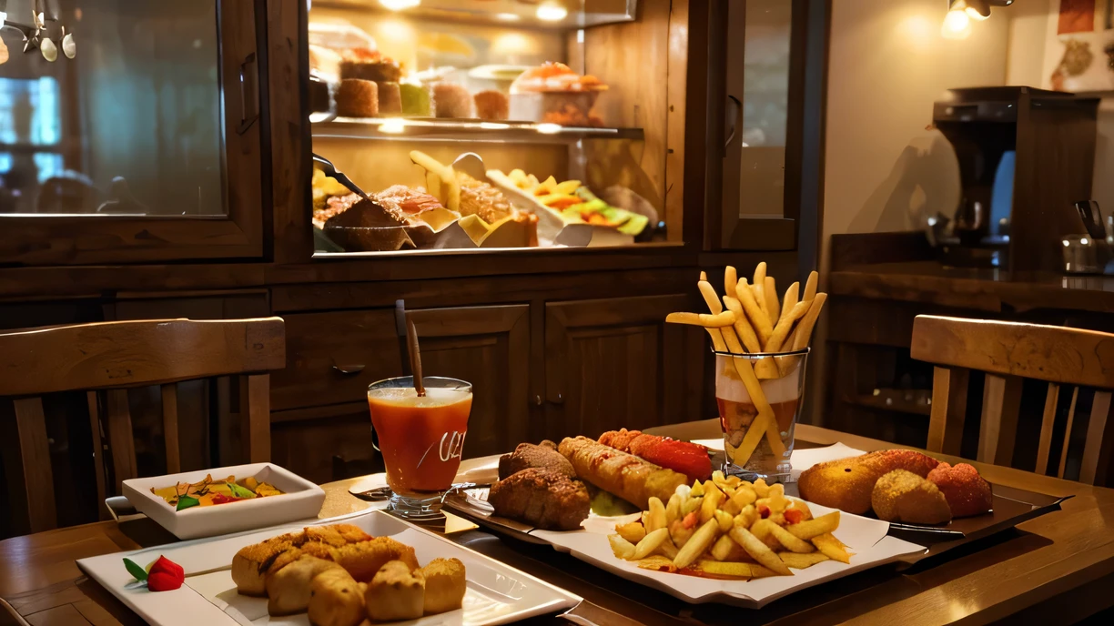 detailed table scene,vibrant colors,warm lighting,delicious frozen food,happy atmosphere,meticulously arranged table setting,aromatic dishes,tastefully decorated space,culinary artistry,impeccably cooked meal(nuggets,sausage,french fries, and soup), cup of water