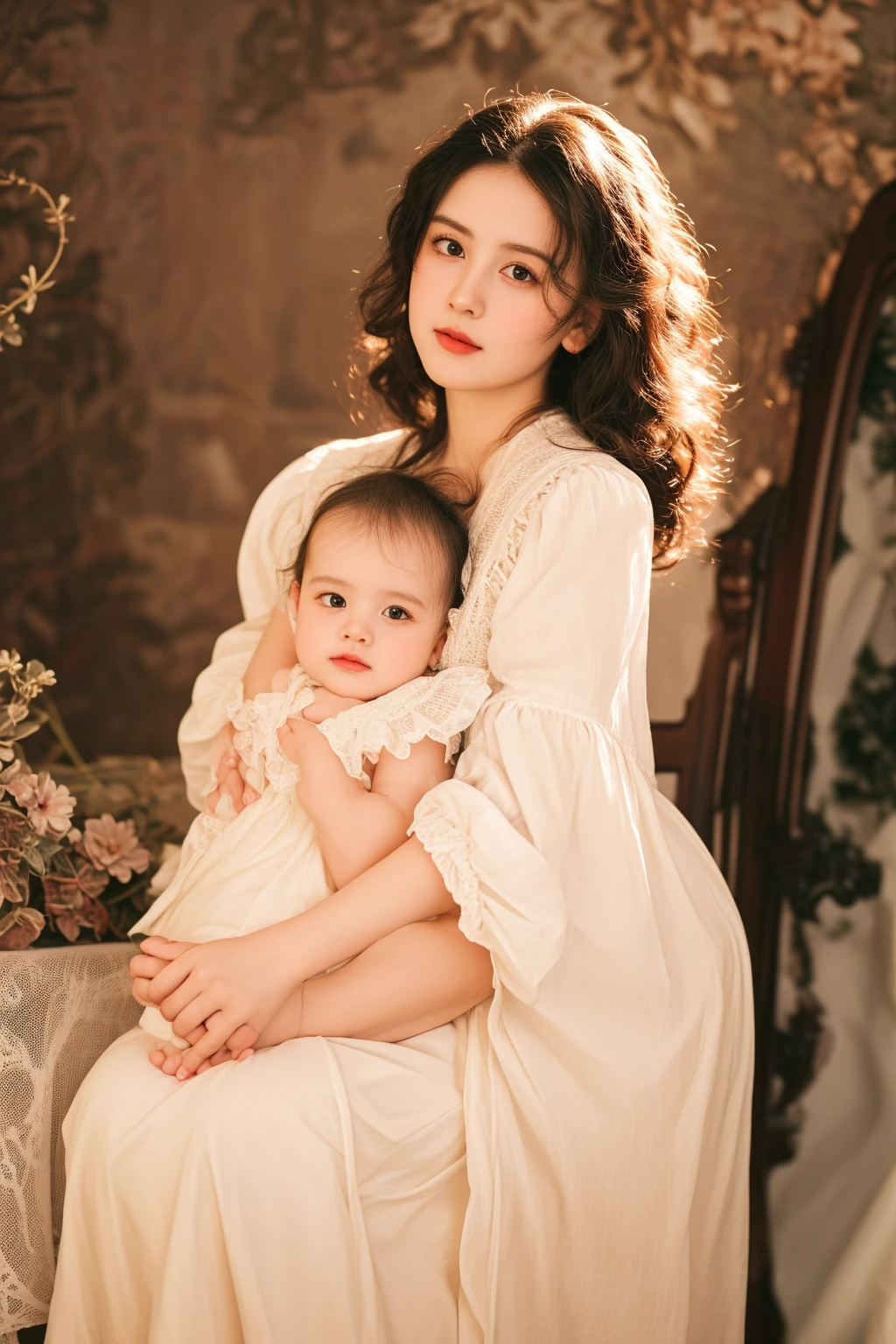 there is a woman holding a  in a white dress, maternal photography 4 k, classic portrait, portrait shot, with victorian clothing, portrait image, with  jesus, ivory rococo, soft portrait shot 8 k, portrait soft light, rococo style portrait, mother, motherly, inspired by Thomas Stothard, inspired by Pierre Auguste Cot, victorian style costume