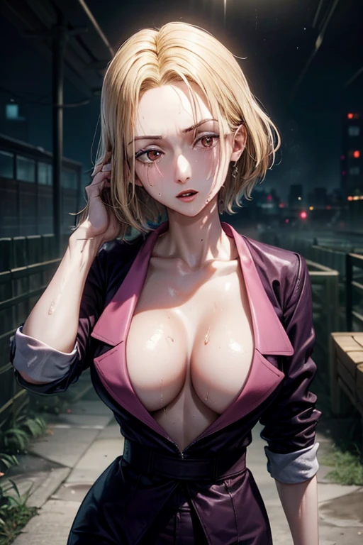 masterpiece, Highest quality, Unreal Engine, Super Resolution, Very detailed,
Beautiful woman, pakuwz, blonde hair, red eyes, cleavage, short hair, formal, purple jacket, high heels, no bra, purple skirt suit, large breasts, Vivid expression, Healthy Body, Beautifully detailed sweat glands, Smooth skin texture, Carefully drawn,
(humidity:1.5), Beautiful Eyes, (Attractive face:1.2), (Beautiful Skin), Tight waist, (Big Breasts), (Sticky with sweat), Dynamic pose,
In the world of Hunter Hunter, Outdoor, In the newyork city, night,
