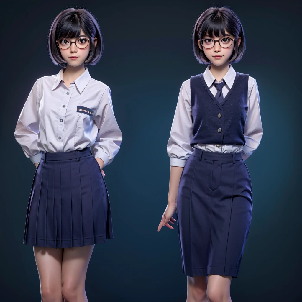 A girl in a school uniform, muslon, Chino, with short hair and fringe, with glasses, Lovely