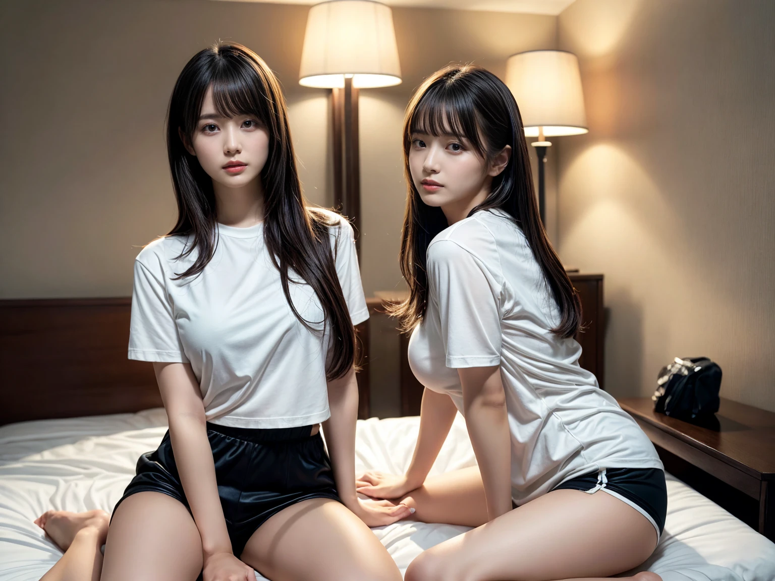 masterpiece, best quality, illustration, Super detailed, fine details, High resolution, 8K,wall paper, perfect dynamic composition,(Details High quality, realistic depiction of eyes:1.3), (2 girls), oversized sport shirt, shorts women, sitting, open legs, short bob hair, in a hotel room in the background, deep on field, large breasts, black hair color, Big Natural Color Lip, (perfect body shape), crying a little、Harajuku style、20 year old girl、cute type、beautiful legs, Gravure Idol