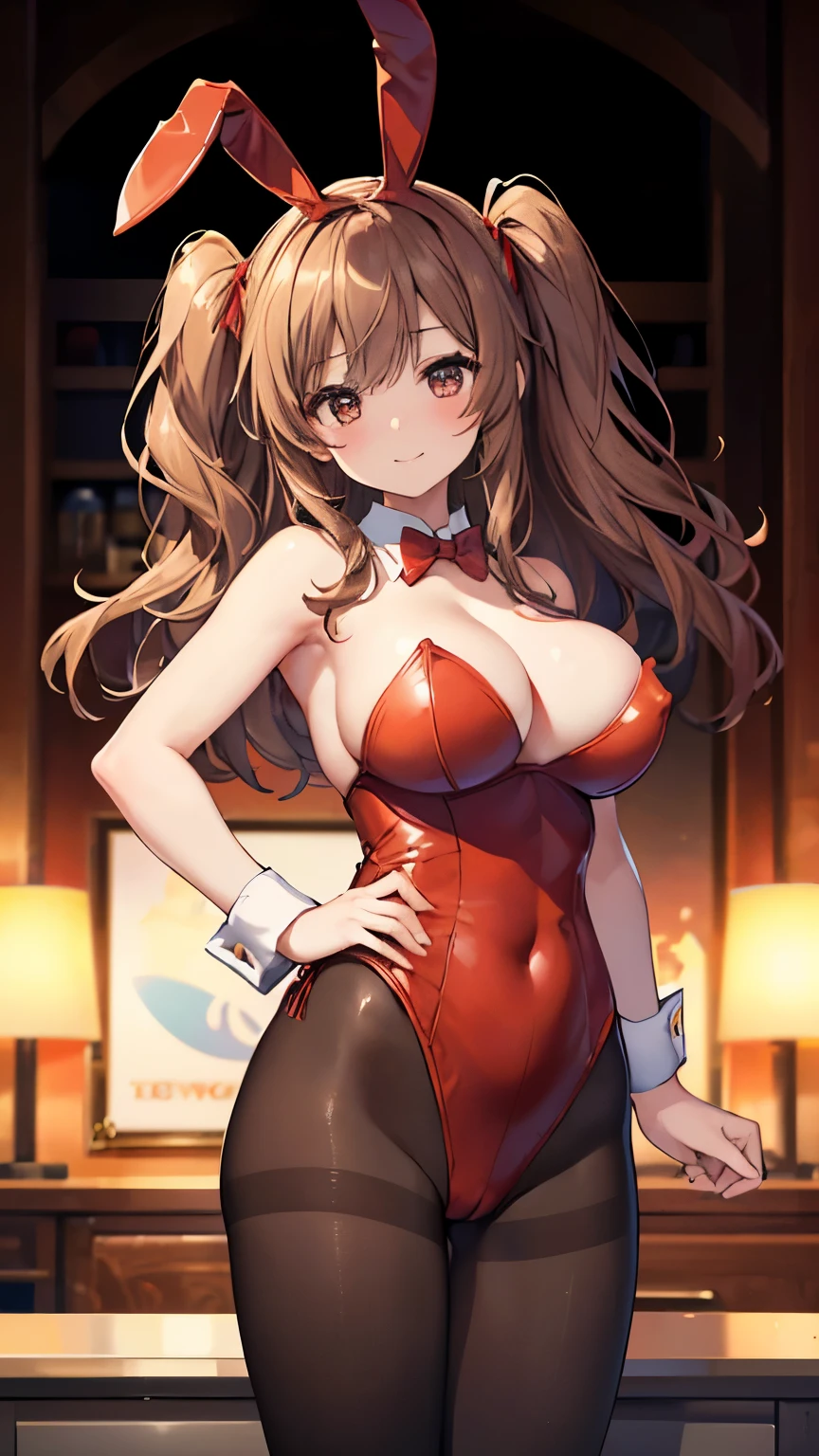 (8k、Best image quality、highest quality、masterpiece)、Detailed face、One girl、Brown Hair、Wavy Hair、Two Side Up、Brown eyes、Smiling Pierce、((Very large breasts))、((red playboy bunny:1.2))、((pantyhose))、Big Ass、Cowboy Shot、Hands on hips、BAR Background, full body, big boobs