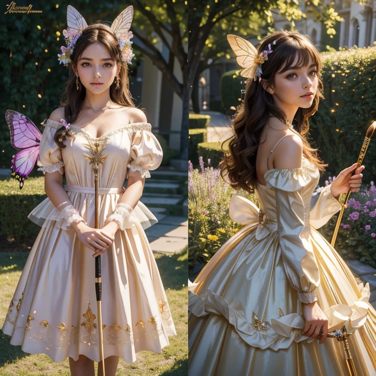 (masterpiece, best quality:1.5), highest quality, High resolution, super detailed, Realists, Upper body photo of a brunette young magical girl, detailed and beautiful eyes, beautiful detailed lips, very detailed eyes and face, longeyelashes, shiny satin dress, Holding a magic wand in your hand, Cast a transformation spell, With her stick she turns the wasps into birds, Glowing wands available,Beautiful and colorful makeup, elegant and noble々The jewelry bag, Gardens as background, soft daylight, bright colors, fine brushstrokes, Portrait style, Silk dress fabric, beautiful color palette, glowing skin, First-class rendering, that captures every detail, enchanting atmosphere, subtle shadows and lights, (perfect anatomy:1.2), (The two stunning magical girls turn flies into butterflies. (a transformation with the magic wand:1.4), (magnificent panorama view:1.2)