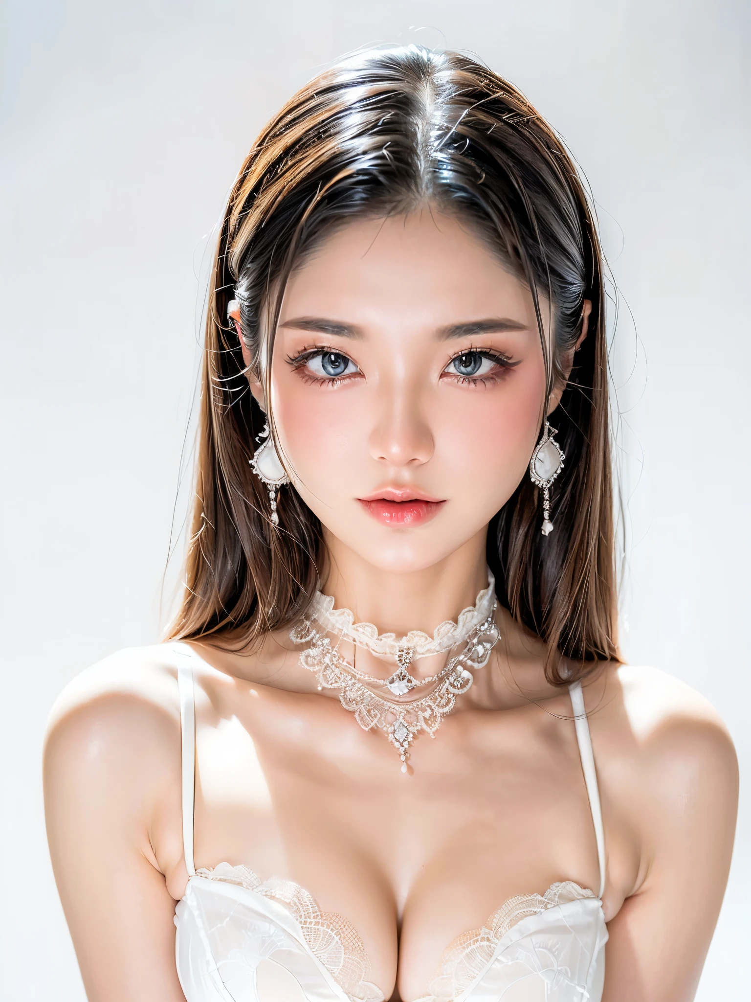 (((white background 2.0)))、Professional Lighting、(((Professional Lighting 1.5)))、Translucent skin texture、Beautiful Skin、Beautiful Skin、、(((Whitening 1.5)))、((Small white lace bra 1.5))、((See-through 1.5)))、(((1.5)))、Simple earrings and necklace、(((1.5)))、((1.5)))、Brown Hair、(((Dynamic Pose 1.5)))、(((Sexy pose 1.5)))sex appeal、Slim figure、