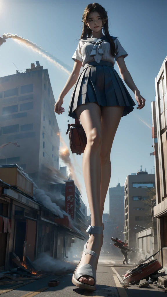 (giant element, high resolution, high quality, accurate body structure, detailed body), Japanese high school girl, sailor suit, towering giant girl, looking up at approaching woman from below, giant attacks city, cute, girl destroying small town, destroying small town, mischievous expression, Japanese language, white skin, smile, trampling buildings, rubble, burning small town, destroyed small building, collapsed highway, car being crushed, evacuation of residents, sunset, burning small town, please, walk, trample, anatomically correct, accurate human body, accurate skeleton, full body portrait, blue eyes, rubble scattered at feet, taller than skyscrapers, big impact, amazing, giantess element, draw woman big, increase destructive element, make city smaller, rampage,