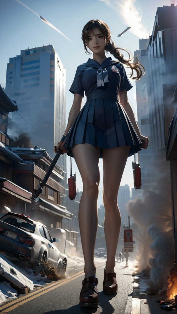 (giant element, high resolution, high quality, accurate body structure, detailed body), Japanese high school girl, sailor suit, towering giant girl, looking up at approaching woman from below, giant attacks city, cute, girl destroying small town, destroying small town, mischievous expression, Japanese language, white skin, smile, trampling buildings, rubble, burning small town, destroyed small building, collapsed highway, car being crushed, evacuation of residents, sunset, burning small town, please, walk, trample, anatomically correct, accurate human body, accurate skeleton, full body portrait, blue eyes, rubble scattered at feet, taller than skyscrapers, big impact, amazing, giantess element, draw woman big, increase destructive element, make city smaller, rampage,