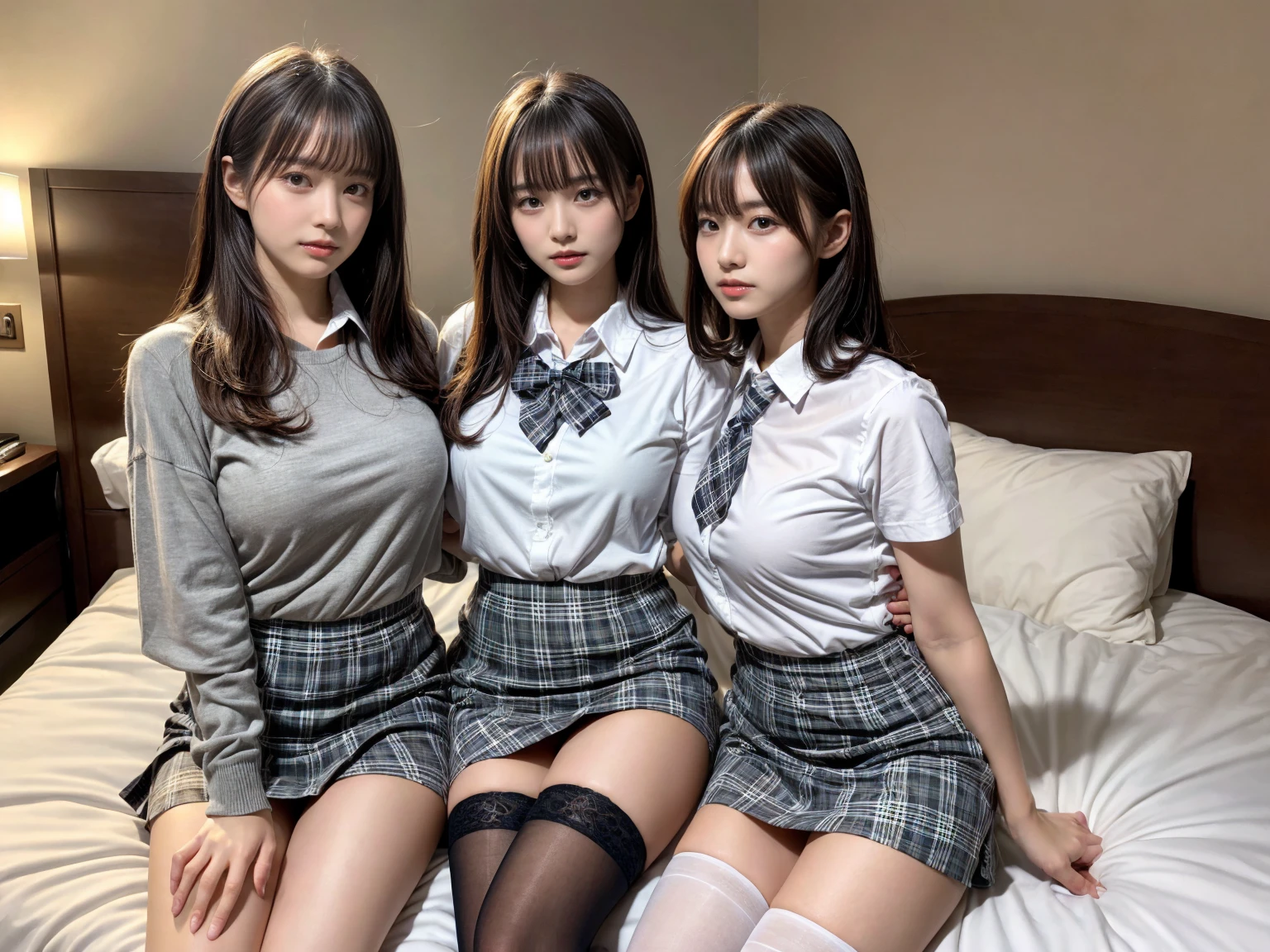 masterpiece, best quality, illustration, Super detailed, fine details, High resolution, 8K,wall paper, perfect dynamic composition,(Details High quality, realistic depiction of eyes:1.3), (3 girls), (white school shirt :1.2), (plaid skirt :1.3), tie black, black thigh-high stockings, sitting, open legs, short bob hair, in a hotel room in the background, deep on field, large breasts, black hair color, Big Natural Color Lip, (perfect body shape), crying a little、Harajuku style、20 year old girl、cute type、beautiful legs, Gravure Idol