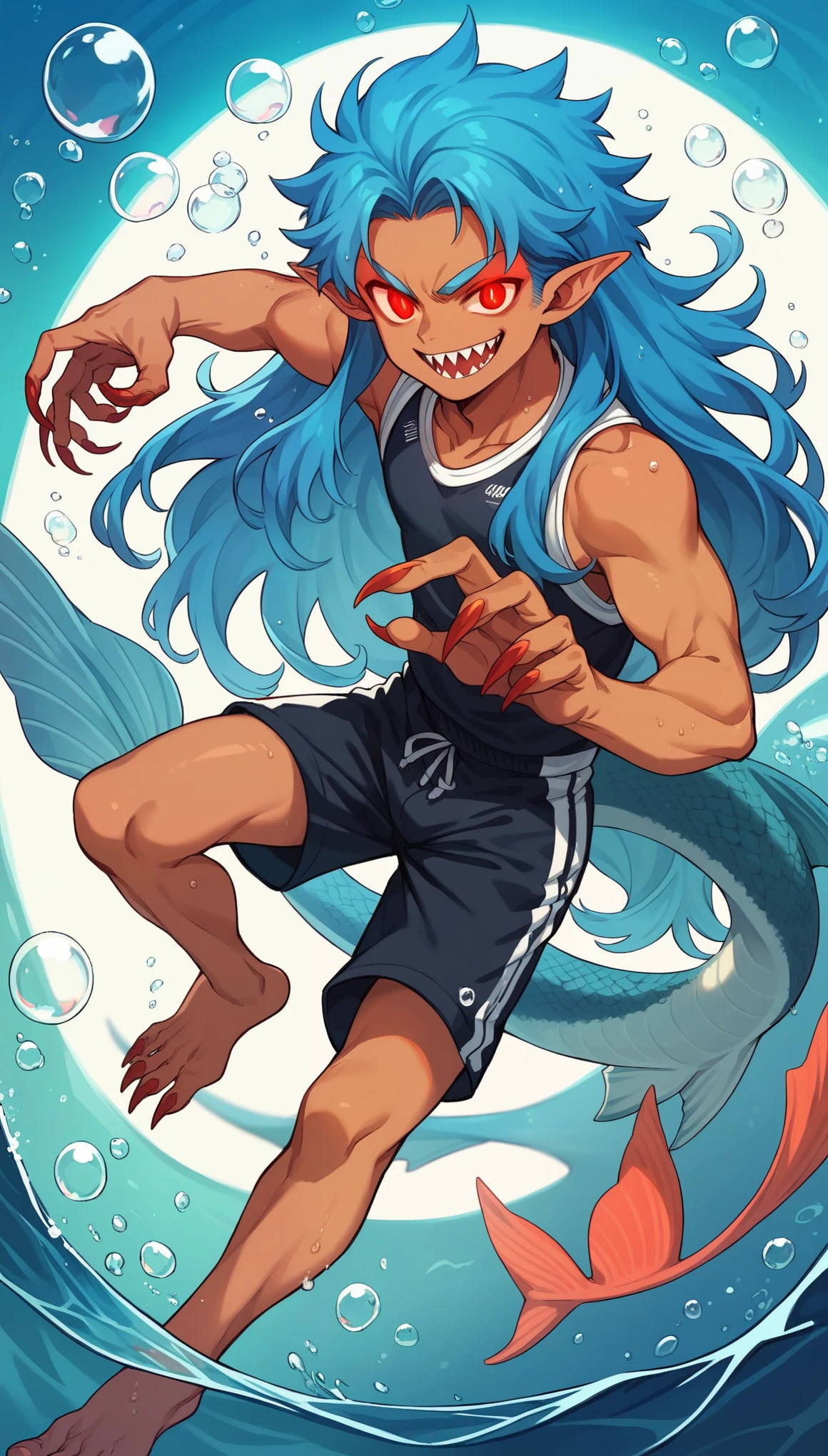 1 boy, Pointed ears, Solitary, Dynamic poses,Sportswear,Glowing eyes, Long hair, Red Eyes, Smile, Tanned skin,sharp teeth, Blue Hair,Deep sea background,bubble,Water Flow,fin,(barefoot,Long nails),Fish scales