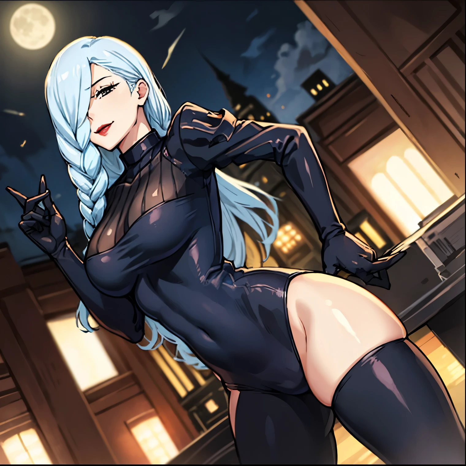 ((1girl)),((alone)),mei mei,(masterpiece), (best quality), (ultra detailed), (best illustration), (best shadow), (absurdities), sharp focus, cowboy shot ,atmospheric perspective, depth of field, dynamic posture looking at the viewer, large breasts, narrow waist, wide hips, wide thighs, round butt, erotic, romantic, (very detailed eyes, lips 1.1), very detailed eyes, eyes, very face detailed, very beautiful face, full height, beautiful slim figure, femininity, expressive appearance, elastic big breasts, sexuality, long hair, braid, hair over one eye, braided bangs, big breasts, blue hair, braided ponytail, makeup , red lips, gray hair, one eye covered, red lipstick, black eyes, half-closed eyes, curves, wide hips, defined body, Cross neck, navel cut out, exposed navel, cleavage, long sleeves, latex jumpsuit, black zipper jumpsuit, tight jumpsuit, black gloves, smile, holding a gun, Gun, Perfect and beautiful body, perfect and beautiful, closed mouth, smile, happy smile, blushing, ( sexy pose: 1.2), ((solo)), standing: 1.3, ((mansion: 1.5, city view: 1.5, sale: 1.5, house lights city: 1.5, moon: 1.3, night: 1.4, red carpet: 1.4, party: 1.4), looking back, from behind, ((focus on ass)), point of view: (from middle), anatomy perfect, perfect hands