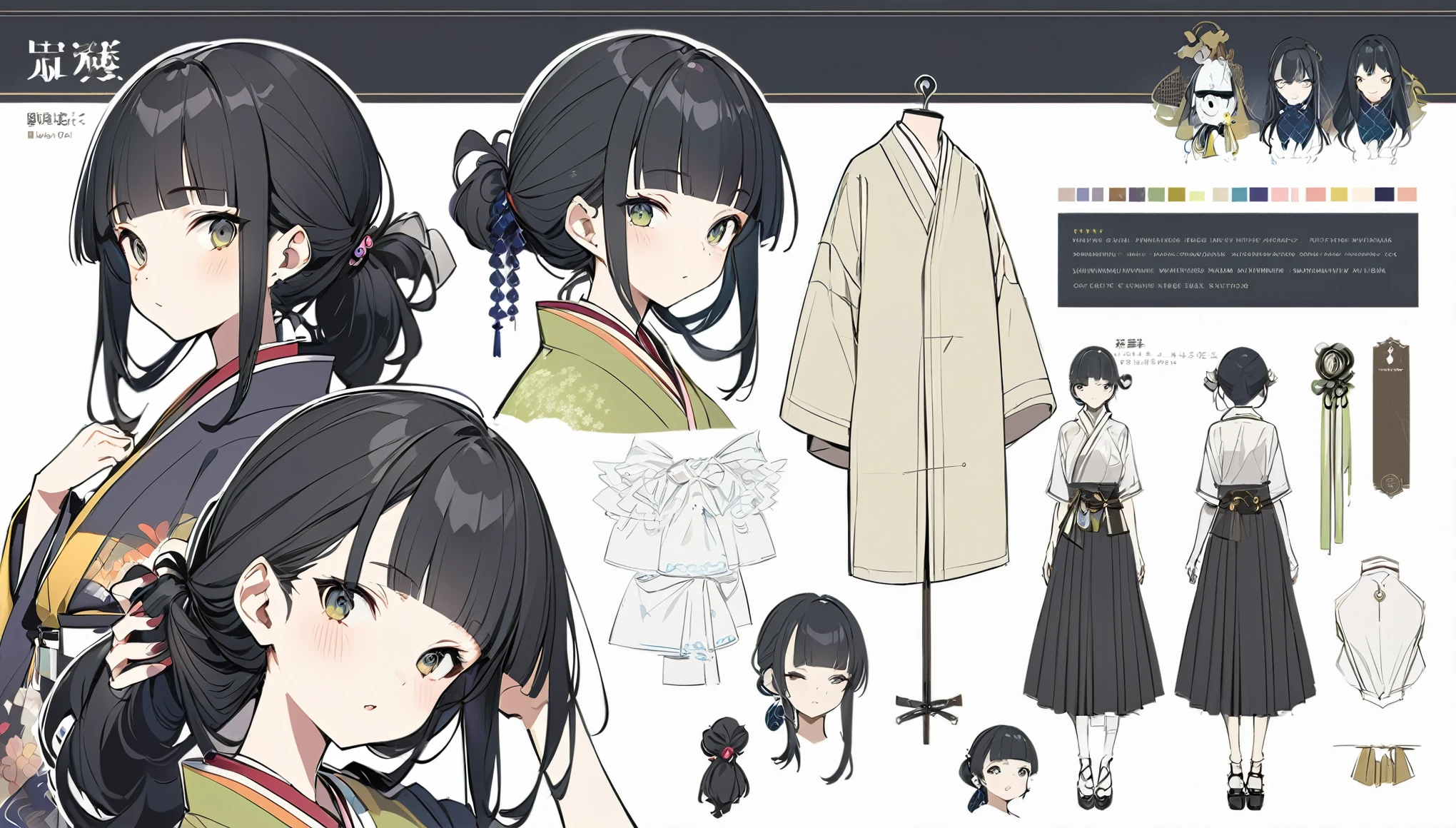 kimono、Virtual Character Design,Black Hair、blunt bangs、Tying up hair、Concept character sheet, face, Modern design, 1 female,Sexy concept, 