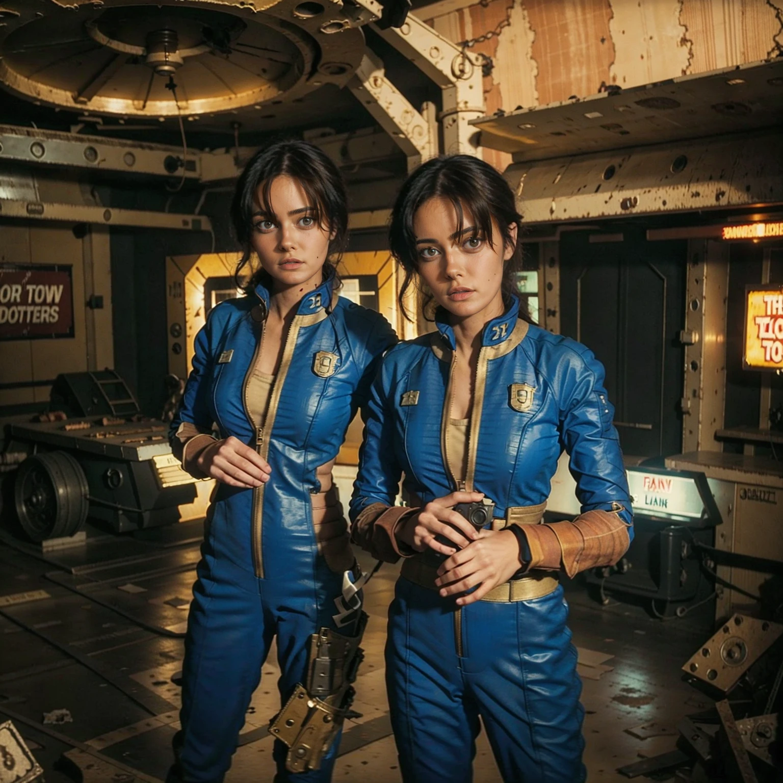 (One person). Fallout TV series. Inside a dimly lit large wreaked room in a post-apocalyptic (casino) in Las Vegas. Vaultsuit Lucy, an 18-year-old vault dweller wearing a blue and gold vaultsuit, her black hair disheveled, holding a large gun standing ready to defend herself.  Dark room with smoke and small fires in the rubble. Menacing shadows. Dramatic. Cinematic. realistic colors, realistic, photo-realistic. 