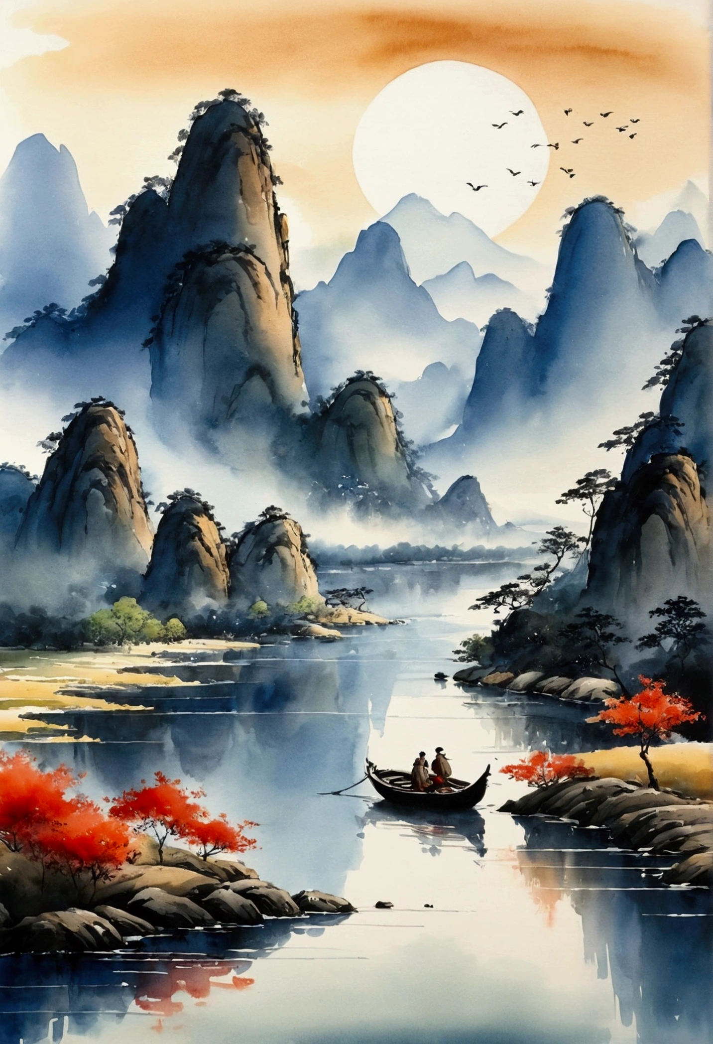 Chinese landscape painting,ink and watercolor painting,water ink,ink,Soil,Vision,Ultra-wide viewing angle,meticulous,There is a light boat in the distance,Vision,meticulous,Soil,Low saturation,Low contrast,The boat has passed thousands of mountains,Beautifully depicted,detailed,Acura,masterpiece,masterpiece