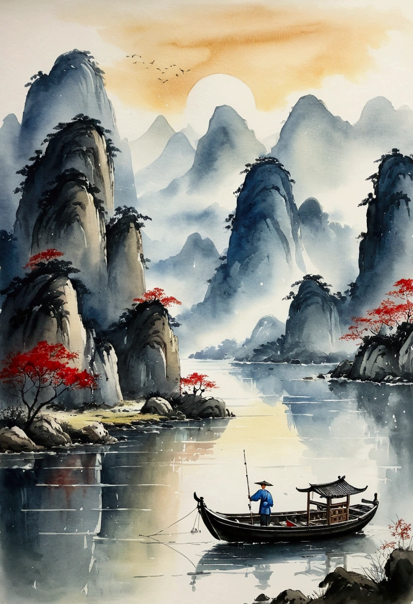 Chinese landscape painting,ink and watercolor painting,water ink,ink,Soil,Vision,Ultra-wide viewing angle,meticulous,There is a light boat in the distance,Vision,meticulous,Soil,Low saturation,Low contrast,The boat has passed thousands of mountains,Beautifully depicted,detailed,Acura,masterpiece,masterpiece