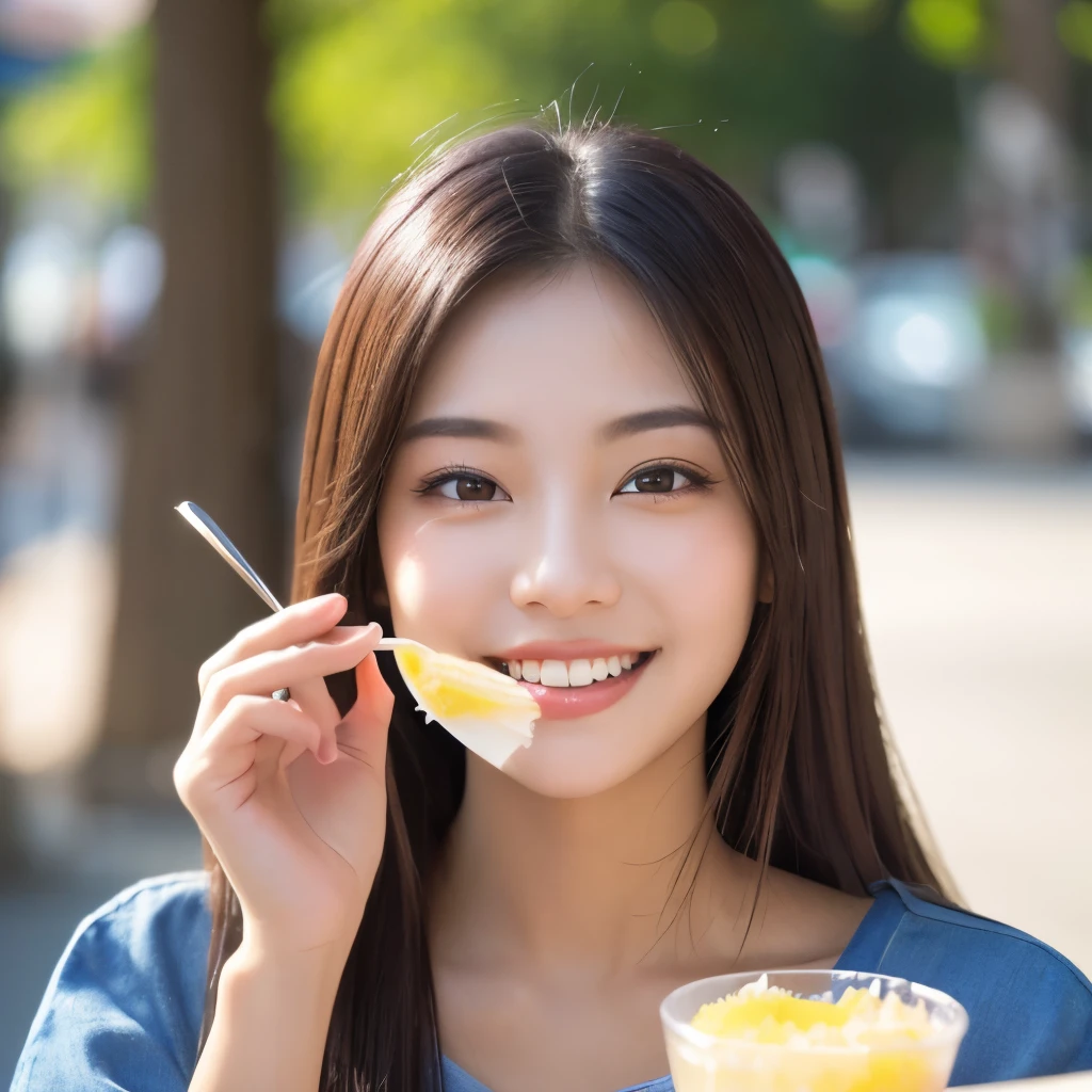 (Sharp focus、Eye focus、masterpiece、Highest quality、Realistic details、Clear images、Realistic、High resolution)、Beautiful woman smiling while eating shaved ice、22 years old、Holding a spoon、big, Kind eyes