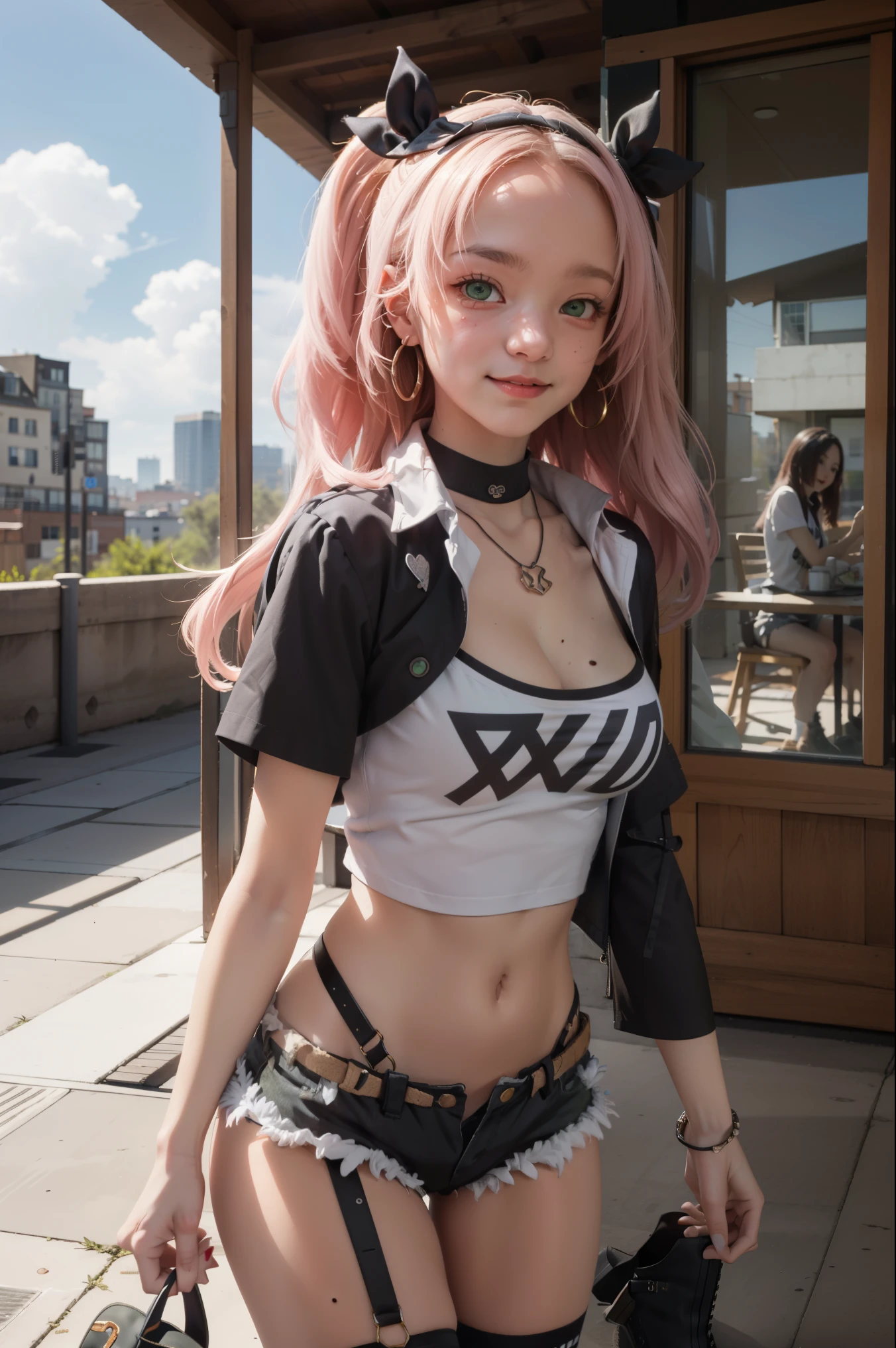 nicoledemara, nicole demara, (green eyes:1.5), pink hair, hair ornament, hair ribbon, hairclip, long hair, mole, mole on breast, mole on thigh, mole under eye, two side up, ribbon, smirk, smile, open mouth,
BREAK black footwear, black ribbon, black shorts, black socks, black thighhighs, boots, cleavage, crop top, earrings, jewelry, kneehighs, nail polish, necklace, o-ring, short shorts, shorts, single kneehigh, single sock, single thighhigh, socks, thigh strap, thighhighs, torn clothes, two side up,
BREAK outdoors, city, sky, clouds, sun, buildings, crowd, people, alley,
BREAK looking at viewer, (cowboy shot:1.5),
BREAK (masterpiece:1.2), best quality, high resolution, unity 8k wallpaper, (illustration:0.8), (beautiful detailed eyes:1.6), extremely detailed face, perfect lighting, extremely detailed CG, (perfect hands, perfect anatomy),