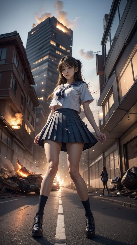 (giant element, high resolution, high quality, accurate body structure, detailed body), Japanese high school girl, sailor suit, towering giant girl, looking up at approaching woman from below, giant attacks city, cute, girl destroying small town, destroying small town, mischievous expression, Japanese language, white skin, smile, trampling buildings, rubble, burning small town, destroyed small building, collapsed highway, car being crushed, evacuation of residents, sunset, burning small town, please, walk, trample, anatomically correct, accurate human body, accurate skeleton, full body portrait, blue eyes, rubble scattered at feet, taller than skyscrapers, big impact, amazing, giantess element, draw woman big, increase destructive element, make city smaller, rampage,