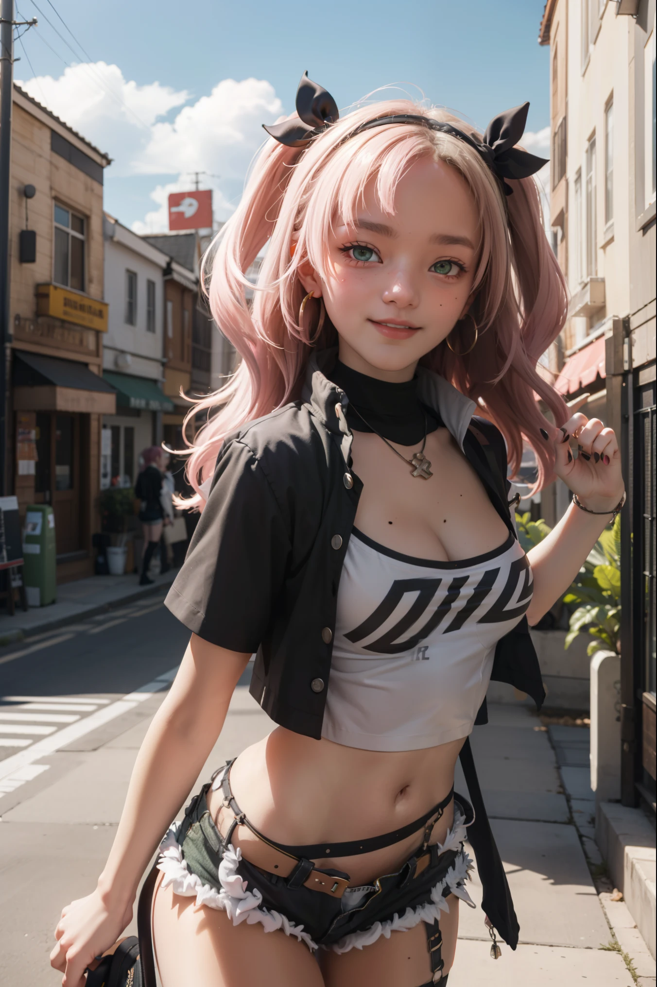 nicoledemara, nicole demara, (green eyes:1.5), pink hair, hair ornament, hair ribbon, hairclip, long hair, mole, mole on breast, mole on thigh, mole under eye, two side up, ribbon, smirk, smile, open mouth,
BREAK black footwear, black ribbon, black shorts, black socks, black thighhighs, boots, cleavage, crop top, earrings, jewelry, kneehighs, nail polish, necklace, o-ring, short shorts, shorts, single kneehigh, single sock, single thighhigh, socks, thigh strap, thighhighs, torn clothes, two side up,
BREAK outdoors, city, sky, clouds, sun, buildings, crowd, people, alley,
BREAK looking at viewer, (cowboy shot:1.5),
BREAK (masterpiece:1.2), best quality, high resolution, unity 8k wallpaper, (illustration:0.8), (beautiful detailed eyes:1.6), extremely detailed face, perfect lighting, extremely detailed CG, (perfect hands, perfect anatomy),