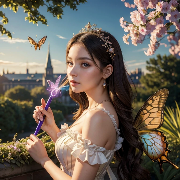 (masterpiece, best quality:1.5), highest quality, High resolution, super detailed, Realists, Upper body photo of a brunette young magical girl, detailed and beautiful eyes, beautiful detailed lips, very detailed eyes and face, longeyelashes, shiny light blue satin dress, Holding a magic wand in your hand, Cast a transformation spell, With her stick she turns spiders into butterflies, Glowing wands available,Beautiful and colorful makeup, elegant and noble々The jewelry bag, Gardens as background, soft daylight, bright colors, fine brushstrokes, Portrait style, Silk dress fabric, beautiful color palette, glowing skin, First-class rendering, that captures every detail, enchanting atmosphere, subtle shadows and lights, (perfect anatomy:1.2), (The stunning Magical Girl turns spiders into butterflies. on the table(a transformation with the magic wand:1.4), (magnificent panorama view:1.2)