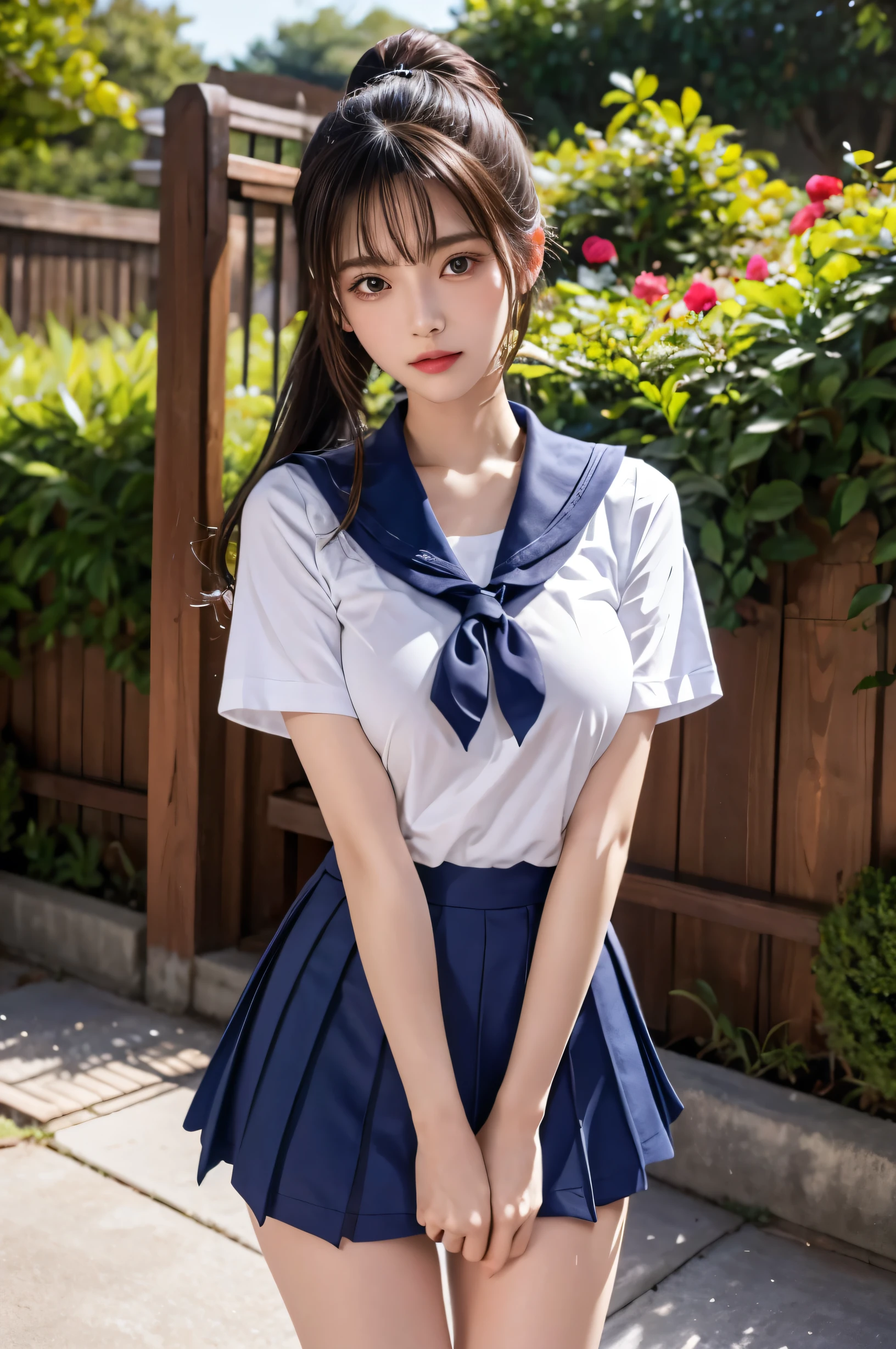 (Ultra HD), (Short-sleeved sailor uniform, Navy blue mini skirt), Big Breasts, slender, whole body, Standing posture, (Clean and shiny skin, Whitening, No makeup), (Super slim face, Super beautiful face), (ponytail, Layered Cut, Fluffy hair), (double eyelid, Slanted Eyes), Small Nose, Thin lips, Thin legs, school gate