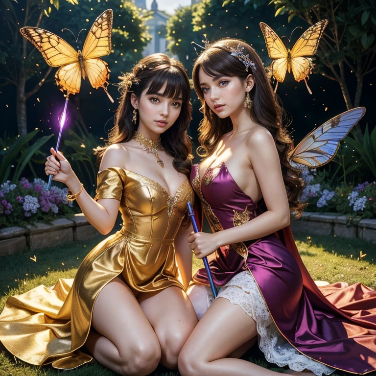 (masterpiece, best quality:1.5), highest quality, High resolution, super detailed, Realists, Upper body photo of a brunette young magical girl, detailed and beautiful eyes, beautiful detailed lips, very detailed eyes and face, longeyelashes, shiny satin dress, Holding a magic wand in your hand, Cast a transformation spell, With her stick she turns spiders into butterflies. Performing magic on your knees, Glowing wands available,Beautiful and colorful makeup, elegant and noble々The jewelry bag, Gardens as background, soft daylight, bright colors, fine brushstrokes, Portrait style, Silk dress fabric, beautiful color palette, glowing skin, First-class rendering, that captures every detail, enchanting atmosphere, subtle shadows and lights, (perfect anatomy:1.2), (Breathtaking, magical girl turns spiders into butterflies, on her knees.(a transformation with the magic wand:1.4), (magnificent panorama view:1.2)