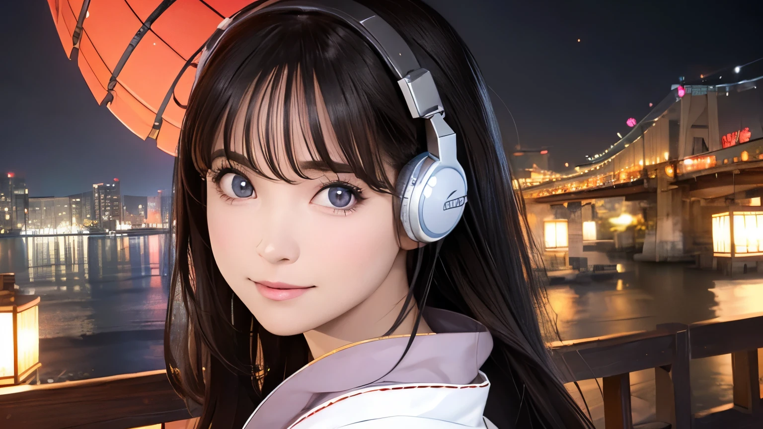 (Logo, masterpiece, 8K, table top, RAW photo, amazing, top quality, photorealistic and highly detailed CG composite 8K wallpaper, high quality, highly detailed, narrative poetry, particle effects, dynamic effects, depth of borders, cinematic light, lens flare, ray tracing), ( 1 beautiful woman in yukata, white yukata, light purple pattern), (Japanese style headphones), with black hair, high-resolution skin, very fine, fine-textured skin, beautiful face, real face, beautiful detail in eyes, real eyes, beautifully detailed eyes, real skin, beautiful skin, surreal, smiling eyes, Hair and Lights eyes, crisp, colourful lights and bokeh, plump lower lip, pink lips, Hair flutters in wind, hair bounces, great view, night, evening, wind, moon lights, moon lights, lights