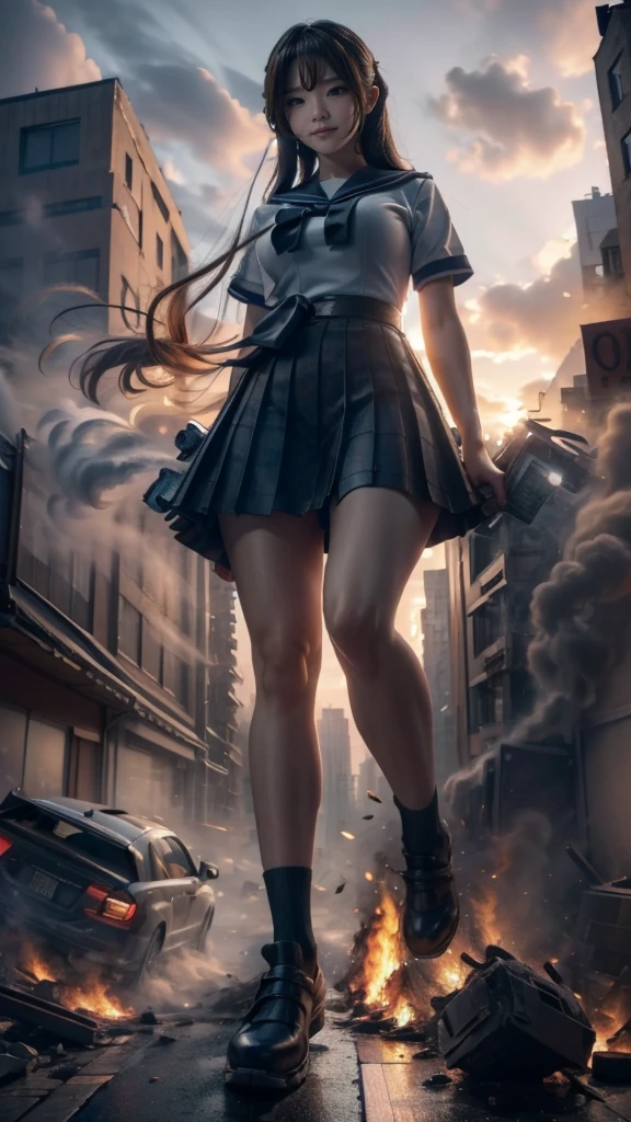 (giant element, high resolution, high quality, accurate body structure, detailed body), Japanese high school girl, sailor suit, towering giant girl, looking up at approaching woman from below, giant attacks city, cute, girl destroying small town, destroying small town, mischievous expression, Japanese language, white skin, smile, trampling buildings, rubble, burning small town, destroyed small building, collapsed highway, car being crushed, evacuation of residents, sunset, burning small town, please, walk, trample, anatomically correct, accurate human body, accurate skeleton, full body portrait, blue eyes, rubble scattered at feet, taller than skyscrapers, big impact, amazing, giantess element, draw woman big, increase destructive element, make city smaller, rampage,