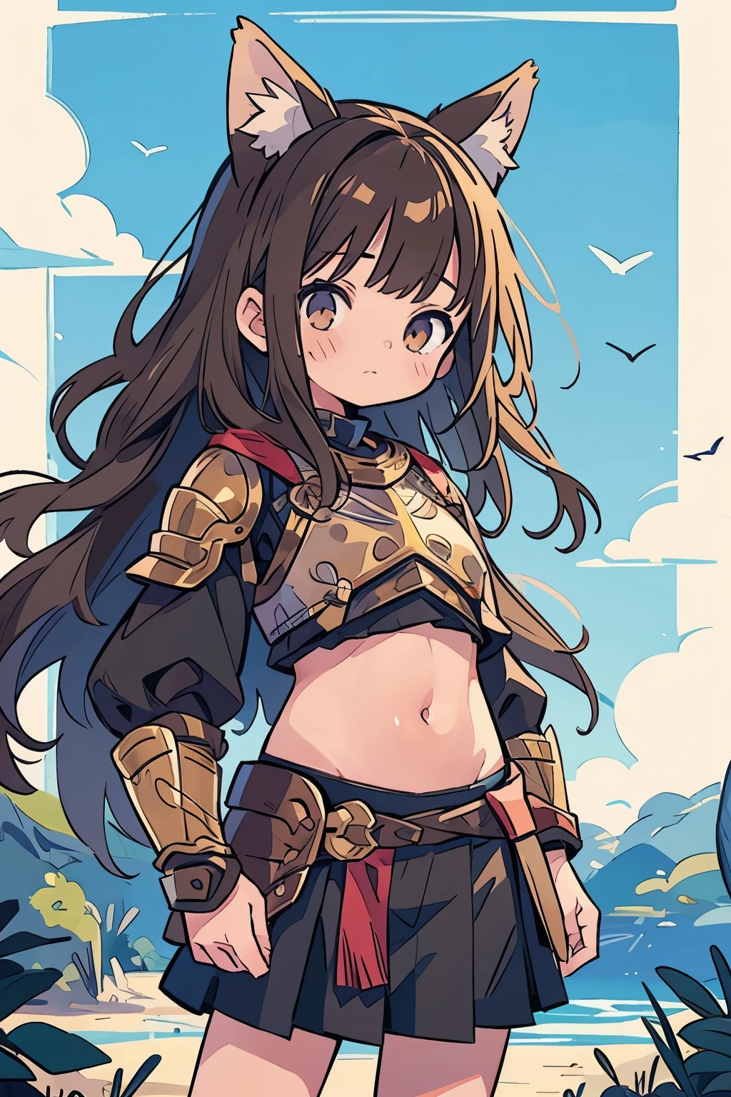 Teenage Girls、Young、(child:1.3)、belly button、stomach、Serious expression、Animal Ears、Tail of the beast、Brown Hair、(Closed Mouth:1.1)、(Fantasy:1.2)、(armor:1.1)、skirt