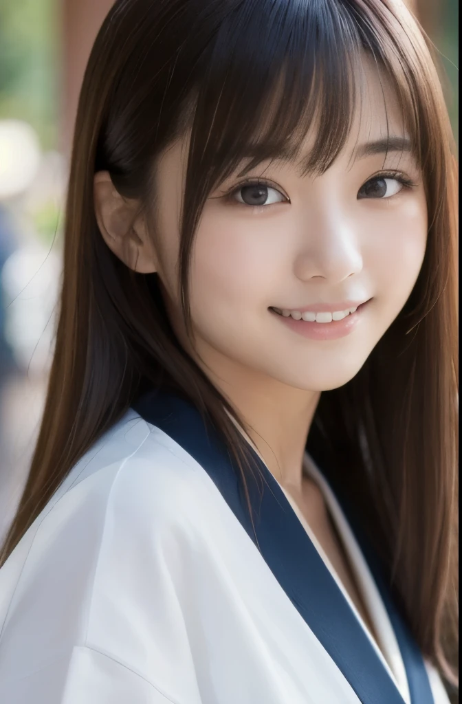 best quality, face focus, soft light, ultra high res, (photorealistic:1.4), RAW photo,(Shinozaki Ai), white skin, kawaii,
1 Japanese girl, solo, cute, (smile), (pupil, lights in the eyes),  detailed beautiful face, Medium-sized breasts,(high resolution detail of human skin texture),(long hair),(portrait), upper body, white traditional kimono, in the shrine,