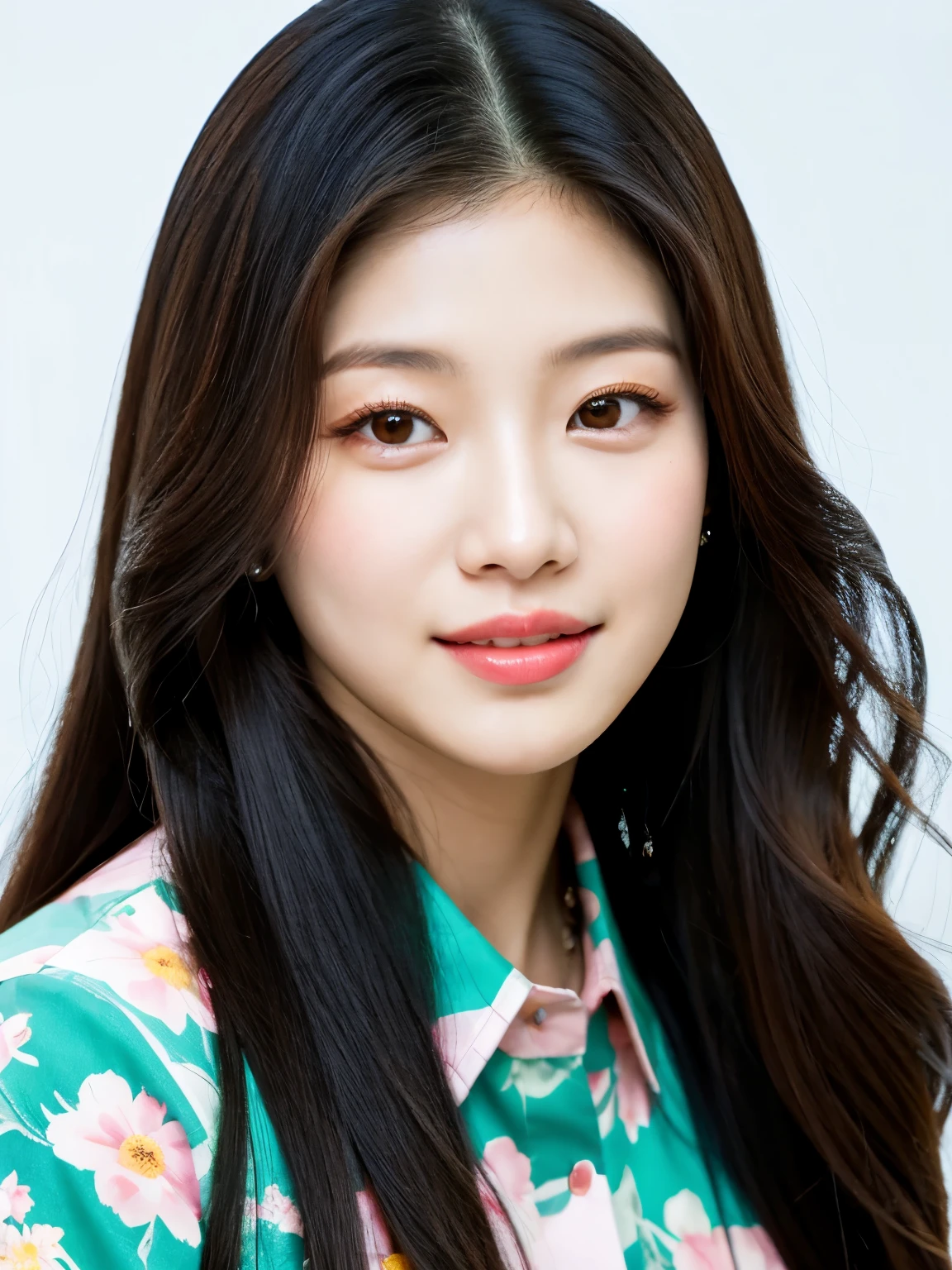 a close up of a woman with long hair wearing a floral shirt, blackpink jennie, bae suzy, kim doyoung, jinyoung shin, jossi of blackpink, jaeyeon nam, portrait of jossi of blackpink, park ji-min, portrait jisoo blackpink, lee ji-eun, lee ji - eun, gongbi, taejune kim, heonhwa choe