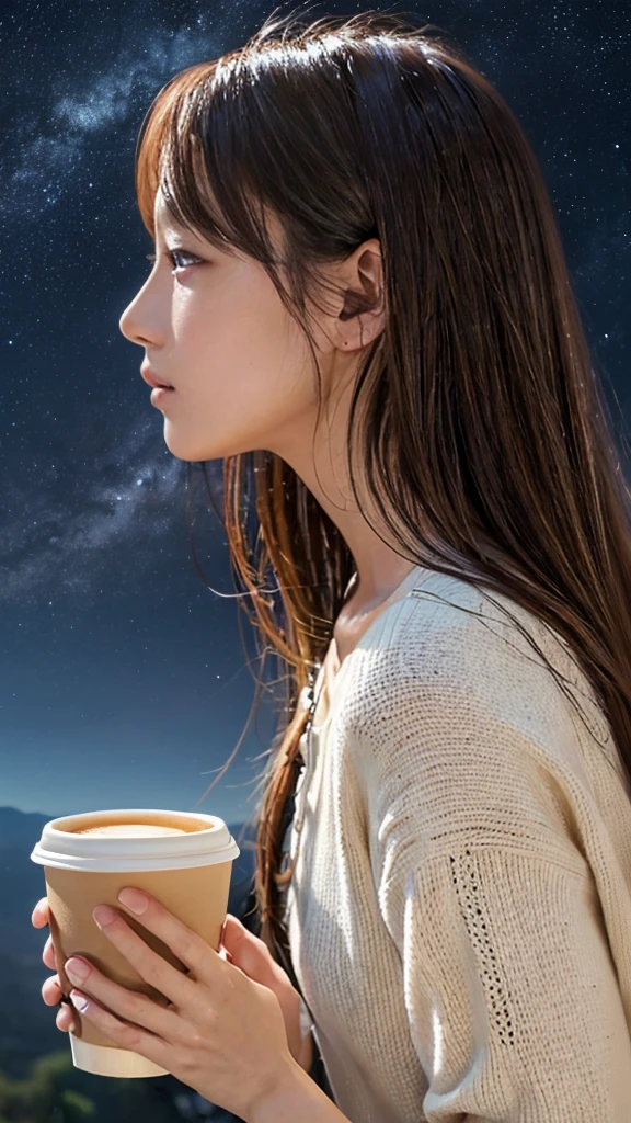 (Highest quality),(masterpiece),(Very detailed),(Best Images)、Cafe、Starry Sky、study、coffee、girl、profile、concentrate