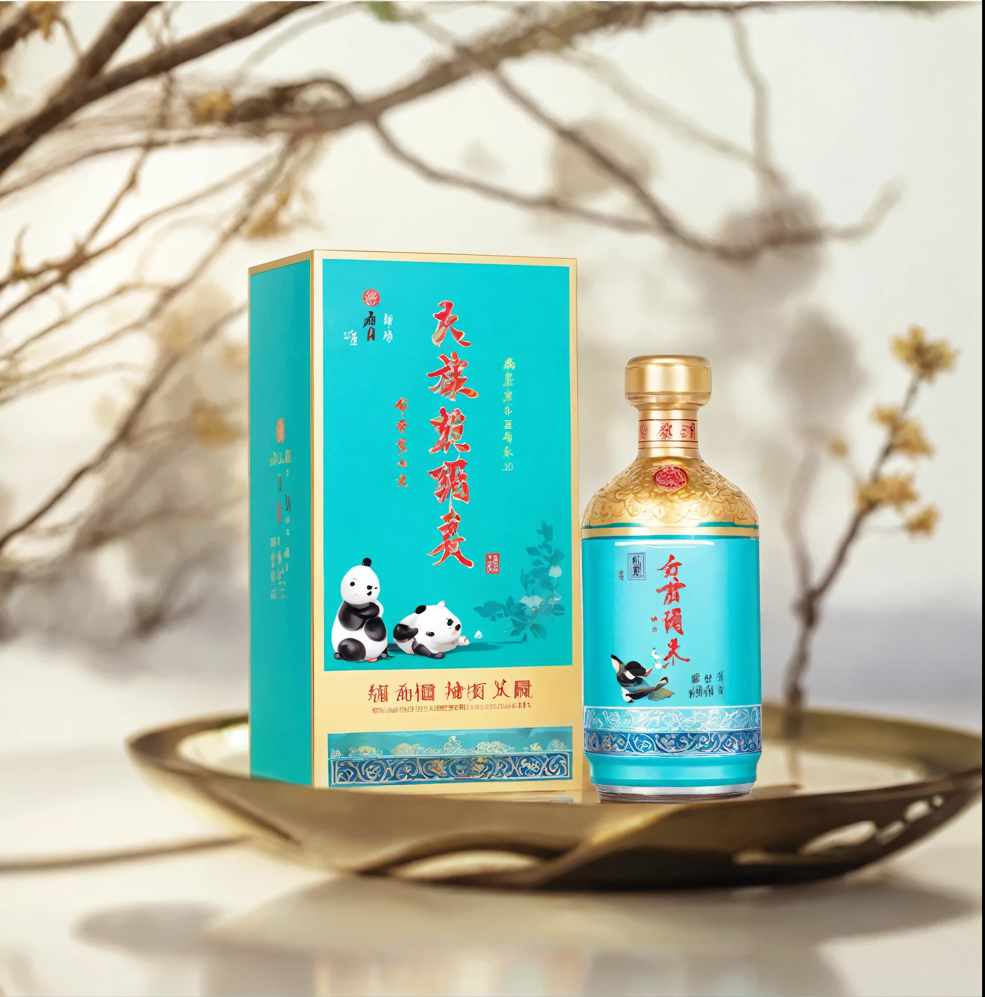 A bottle of wine on a plate,There is a box next to it., Inspired by Cao Buxing, Wang Chen, Inspired by Roma, Chiba Yudai, image, detailed image, nanquan, Inspired by Pu Hua, product photography, product photo, Nine thousand, 9k, miniature product photo