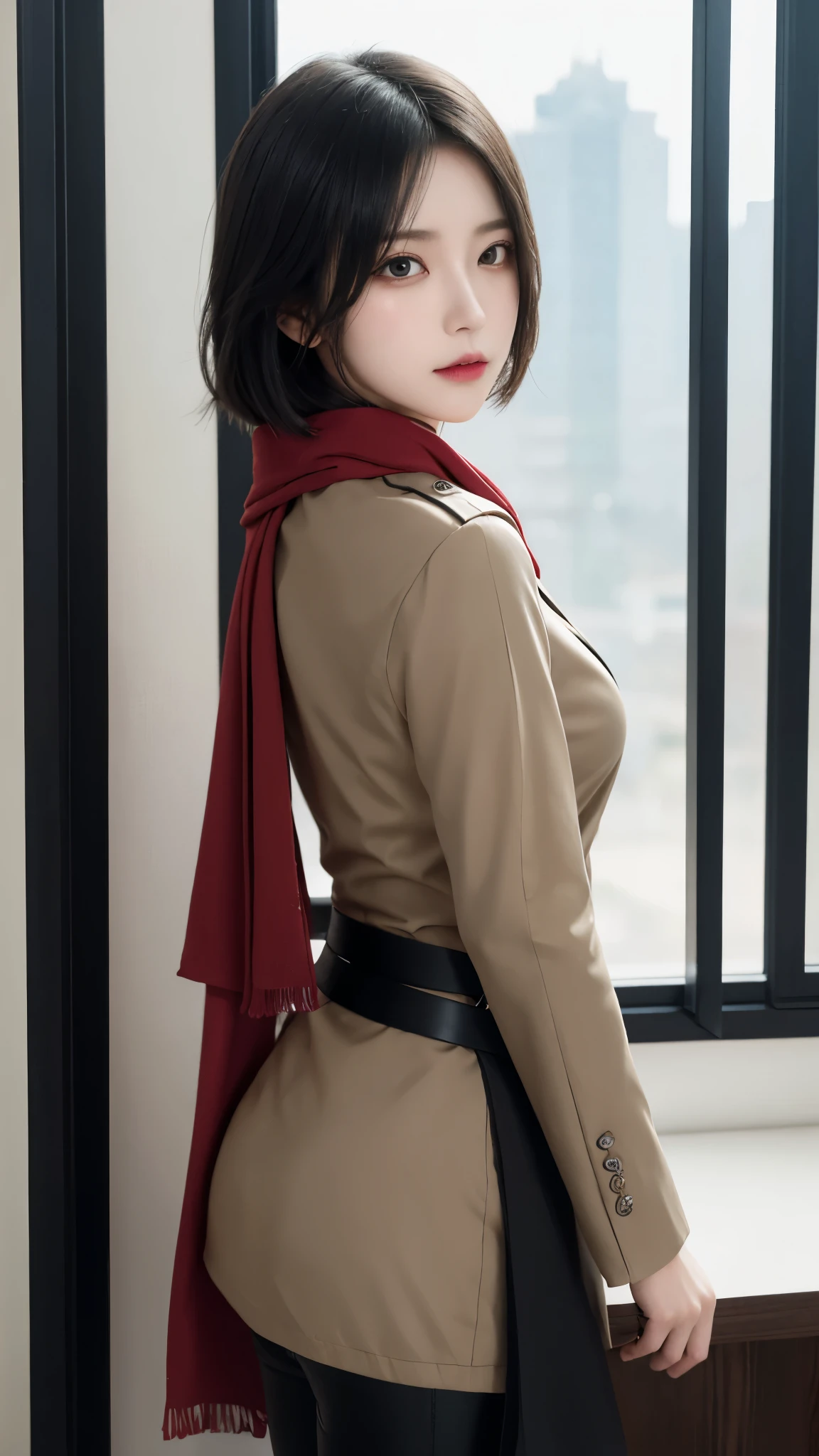 A close-up shot of Mikasa Ackerman standing with her back facing the viewer. She's wearing a paradis military uniform with a red scarf tied around her neck, and a thigh strap on her leg. Her short black hair is styled between her eyes, framing her closed-off expression. A pair of white pants cover her lower half, and a black jacket hangs open to reveal a gun belt at her hip. The lighting is dim, casting shadows on her face, emphasizing the intensity in her black eyes and pursed lips. From behind, the viewer sees the window frame, adding depth to the composition. The overall mood is one of caution, with Mikasa's gaze still fixed on something or someone outside the shot.
