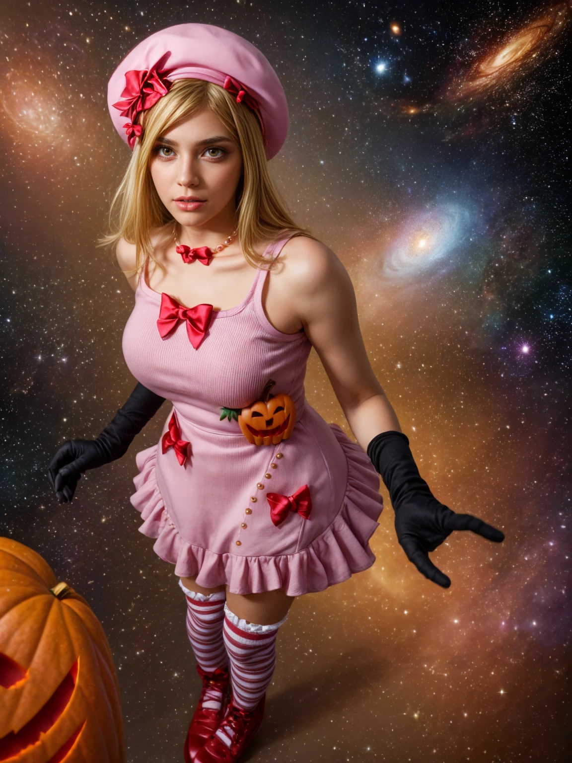 (1 lady), The beautiful, (Best quality at best:1.4), (ultra - detailed), (extremely detailed CG unified 16k), gold blonde hair, very detailed, High-definition RAW color photo, professional photoshooting, amazing face and eyes, cosmetics, (amazingly beautiful girl), ((lambdadelta, taller, tall woman)), ((dress, shoes bow, red shoes, striped stockings, red bow, pink hat, necklace, gloves, pearl, pumpkin brooch, pink dress)), levitating in a cute posture (floating in the air), (She's levitating in a cosmic sea, outer space:1.3, quantum hyperspace room lacking walls, hyperspace chamber, extremely detailed background, a lot of details background, realistic outer space background with stars quasars and cosmic bodies, brighter background), (look from above), realistic cinematic face, head to feet long wide zoomed out view, full body long view, photorealistic, ((realistic natural blonde hair style, red eyes)), gorgeous, extremely beautiful face, perfect model beauty, pout mouth, Highly Detailed Face and Skin Texture, Detailed Eyes, Double Eyelids, Big Breasts, Persistent Stare, Faith Trance, (mystical stare, looking eternity), (masterpiece), best quality, high resolution, depth of field, cinematic lighting, amazing legs, pink combat boots, clear and well-cared skin