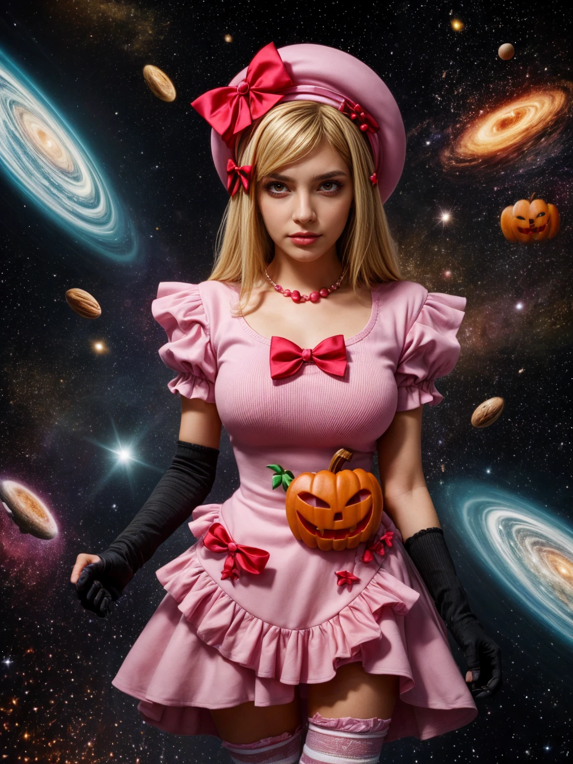 (1 lady), The beautiful, (Best quality at best:1.4), (ultra - detailed), (extremely detailed CG unified 16k), gold blonde hair, very detailed, High-definition RAW color photo, professional photoshooting, amazing face and eyes, cosmetics, (amazingly beautiful girl), ((lambdadelta, taller, tall woman)), ((dress, shoes bow, red shoes, striped stockings, red bow, pink hat, necklace, gloves, pearl, pumpkin brooch, pink dress)), levitating in a cute posture (floating in the air), (She's levitating in a cosmic sea, outer space:1.3, quantum hyperspace room lacking walls, hyperspace chamber, extremely detailed background, a lot of details background, realistic outer space background with stars quasars and cosmic bodies, brighter background), (look from above), realistic cinematic face, head to feet long wide zoomed out view, full body long view, photorealistic, ((realistic natural blonde hair style, red eyes)), gorgeous, extremely beautiful face, perfect model beauty, pout mouth, Highly Detailed Face and Skin Texture, Detailed Eyes, Double Eyelids, Big Breasts, Persistent Stare, Faith Trance, (mystical stare, looking eternity), (masterpiece), best quality, high resolution, depth of field, cinematic lighting, amazing legs, pink combat boots, clear and well-cared skin