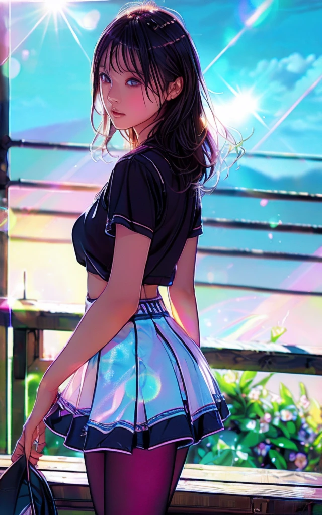 Front facing, facing this way、
Gal's more beautiful smile、
More cute casual summer outfits、Cute mini skirt、
More beautiful thighore beautiful colorful pantyhose、
Beautiful dark clouds, (Cowboy Shot:1.4), Beautiful and realistic,
Beautiful masterpiece, Beautiful and top quality, Beautiful backlight, (Lens flare:1.1), (bloom:1.1), (chromatic aberration:1.1)
flowerpunk