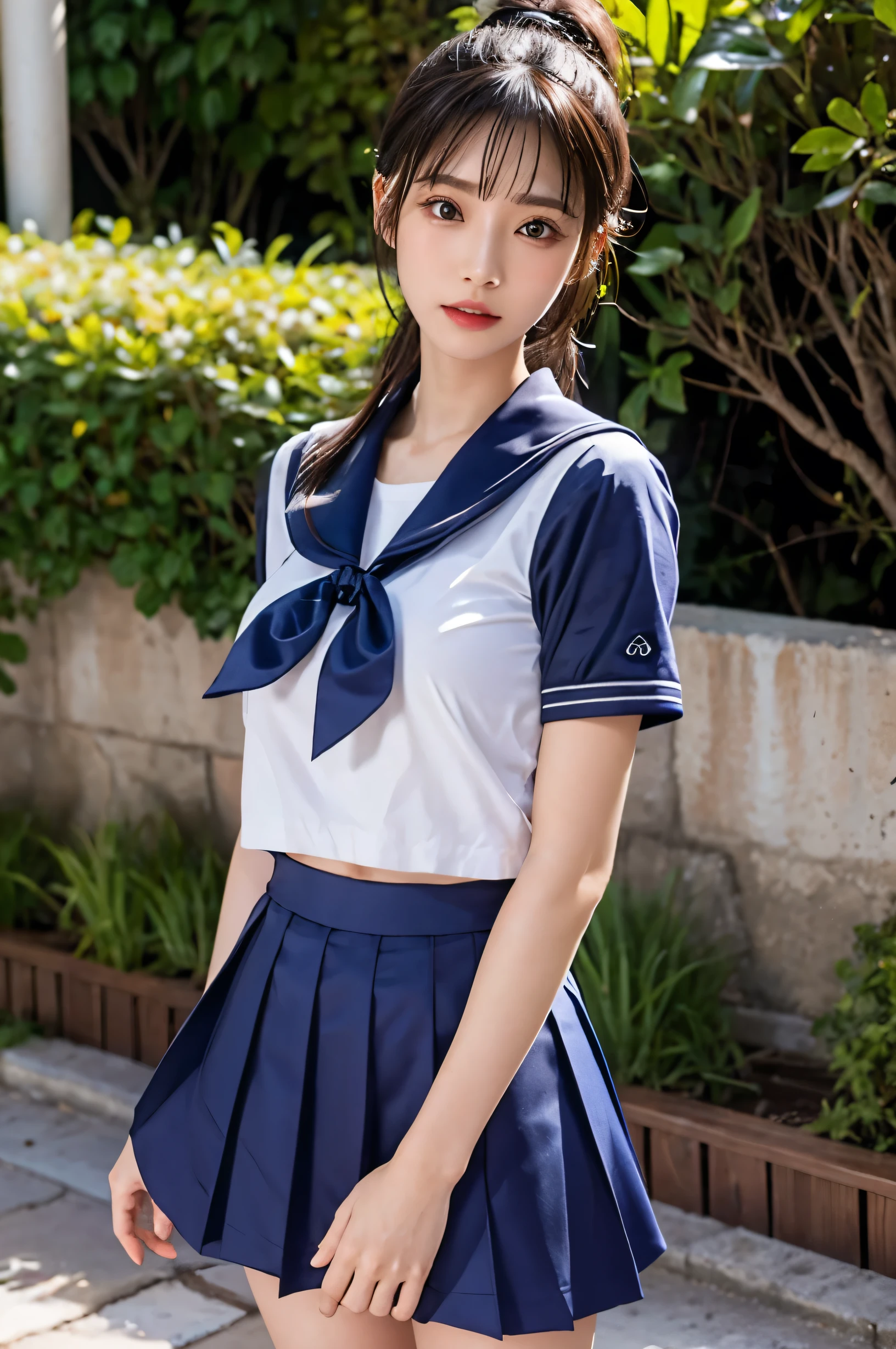 (Ultra HD), (Short-sleeved sailor uniform, Navy blue mini skirt), Big Breasts, slender, whole body, Standing posture, (Clean and shiny skin, Whitening, No makeup), (Super slim face, Super beautiful face), (ponytail, Layered Cut, Fluffy hair), (double eyelid, Slanted Eyes), Small Nose, Thin lips, Thin legs, school gate