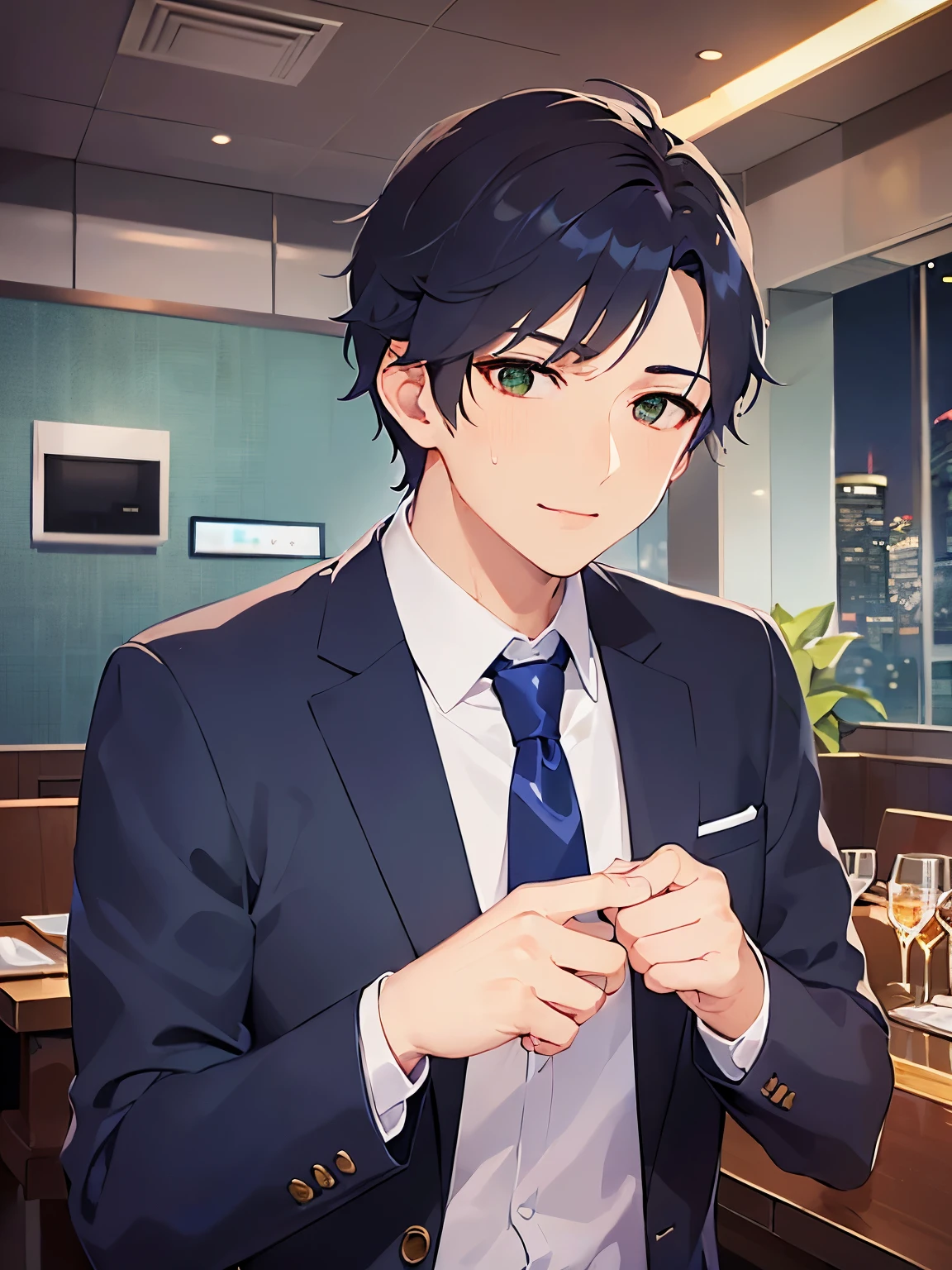 side angle, Close-up of your face、shiny skin, masterpiece、Highest quality、(25-year-old male:1.5) and (Brown short hair) and (Green Eyes), BREAK (Wearing a navy blue suit:1.3) and (Blue tie) BREAK、Are standing、(sweat:1.3)、smile, The background is the interior of a restaurant at night.、(Alone:1.5)、Upper body is shown