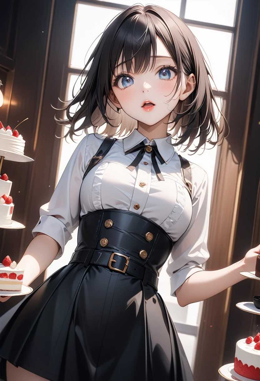 , ai-generated,(Medium chest:0.6),(From above:1.2), ((face)), (close:0.4), (( Eat cake and drink coffee)),Highest quality、(Genuine、photoGenuineistic:1.4),(Ultra-high resolution, 8K RAW Photos, Clear focus), Highest quality, Natural light, Depth of written boundary, (Bright Eyes, Beautiful eyes in every detail, 細部までこだわったface), Red lips, (Tight Focus:1.2, From below:1.2), Sexy pose, Sexy and cute,Culinary Research Institute(Beautiful and luxurious:1.2),(Double-breasted:1.0,Underbust:1.0), gap between buttons,(((Corset belt))),(((High Waist Skirt,))) Seductive Weakness々しい笑face,(輝く瞳と伝染する笑faceで),Open your mouth, View your viewers
