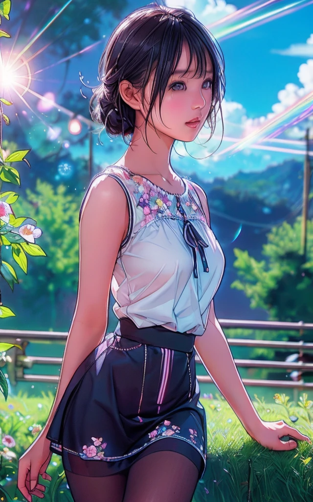 Front facing, facing this way、
Gal's more beautiful smile、
More cute casual summer outfits、Cute mini skirt、
More beautiful thighore beautiful colorful pantyhose、
Beautiful dark clouds, (Cowboy Shot:1.4), Beautiful and realistic,
Beautiful masterpiece, Beautiful and top quality, Beautiful backlight, (Lens flare:1.1), (bloom:1.1), (chromatic aberration:1.1)
flowerpunk