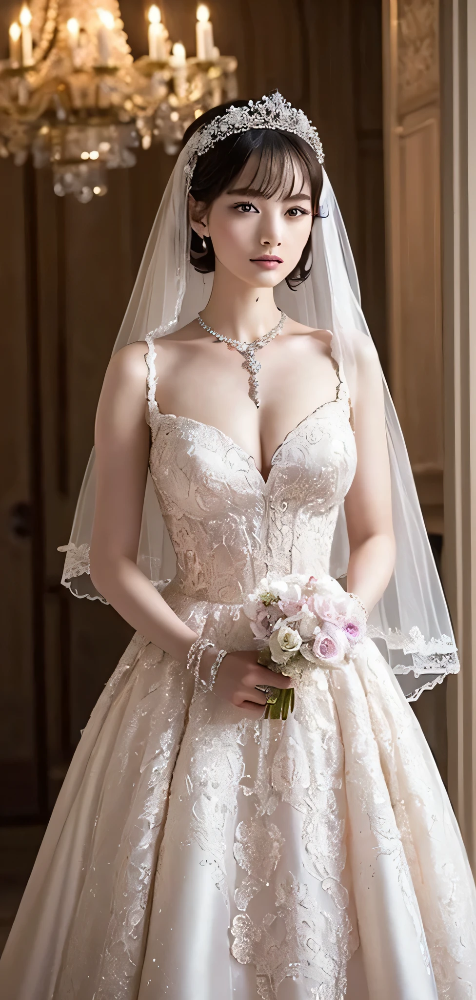 ((Anime art style)),(Tabletop),(Highest quality), (Super Detail),((Very delicate and beautiful)),Focus on the characters,Dynamic Angle,View your viewers,((alone)),Are standing,((whole body)),((A princess wearing a gorgeous ball gown wedding dress with a voluminous skirt)),((June Bride)),Detailed face and eyes,Jewel-like eyes,((Very long and voluminous hair)),Gorgeous embroidery and lace,((Gorgeous corsage)),See through,(Gorgeous Jewelry Ornaments),Luxury hair accessories,Gorgeous jeweled tiara,Gorgeous frills,((Big Breasts,Long chest)),indoor,Church wedding,((whole body)),Hoop skirt,crinoline,very long wedding veil,(((A mix of bejeweled wedding dresses and lavishly embroidered Rococo ball gowns)))