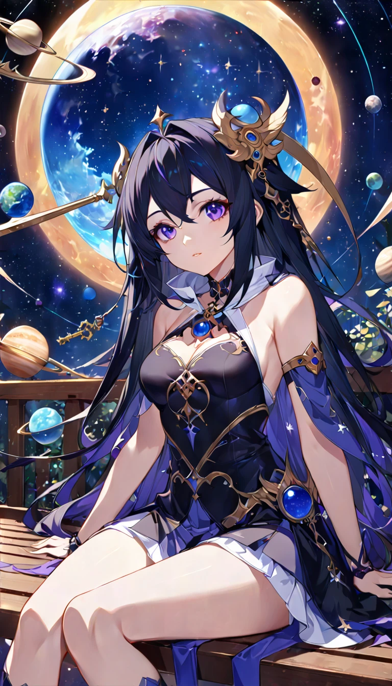 Anime girl sitting on bench，The background is planets, Animation by Yang J, pixiv, Fantasy Art, deity,, Best Anime 4K Konachan Wallpapers, anime art wallpaper 8 k, detailed key anime art, Gothic girl anime girl, Popular on artstation pixiv, Anime Goddess, Beautiful Celestial Mage