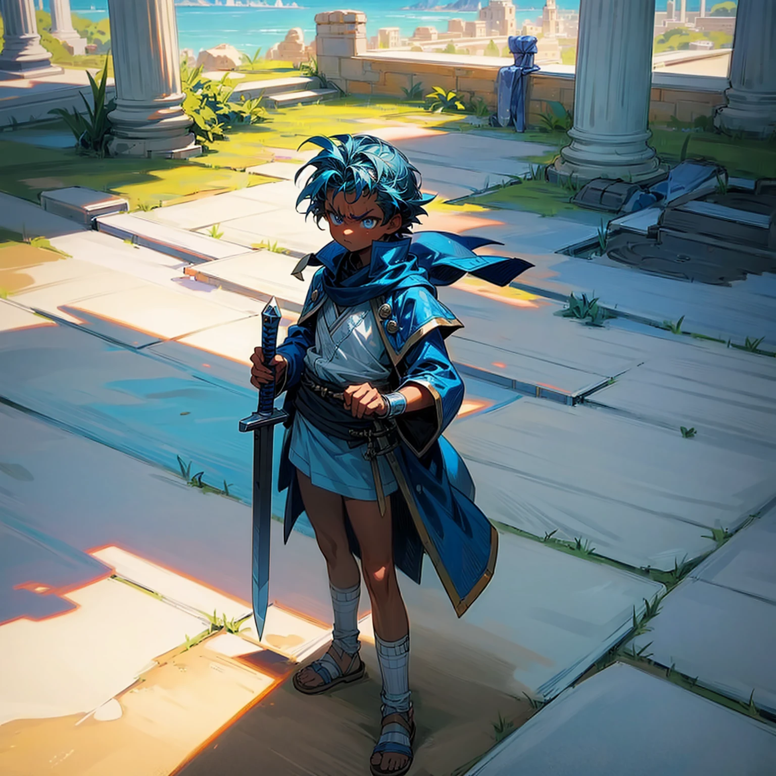 Solo character, full body version, kid boy, blue eyes, blue color hair, short haircut, tunic roman clothing, sandals, outdoor, ancient roman city, sky blue, detailed background, angry eyes, knife in hand