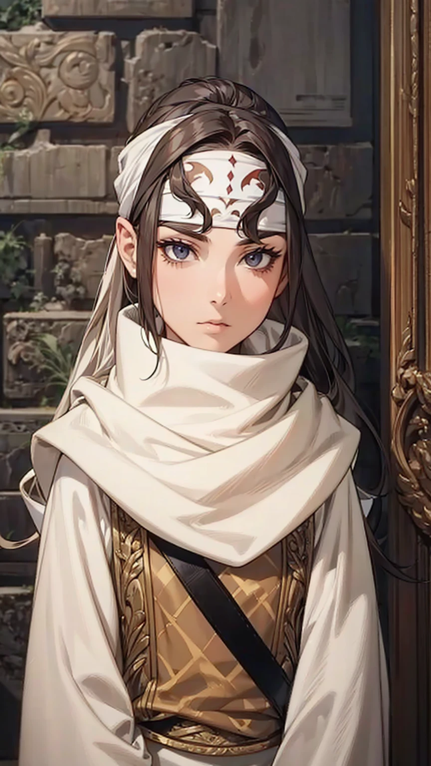 A woman with long hair, wearing a cowl and a headband on her forehead, standing in a small room, guarding and protecting the area, watching intently, with a sword on her back, detailed art work