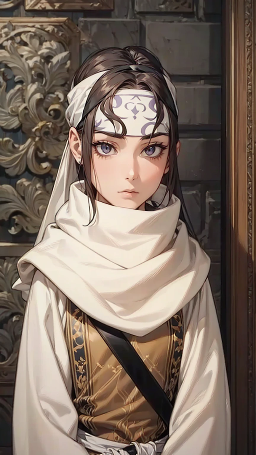 A woman with long hair, wearing a cowl and a headband on her forehead, standing in a small room, guarding and protecting the area, watching intently, with a sword on her back, detailed art work