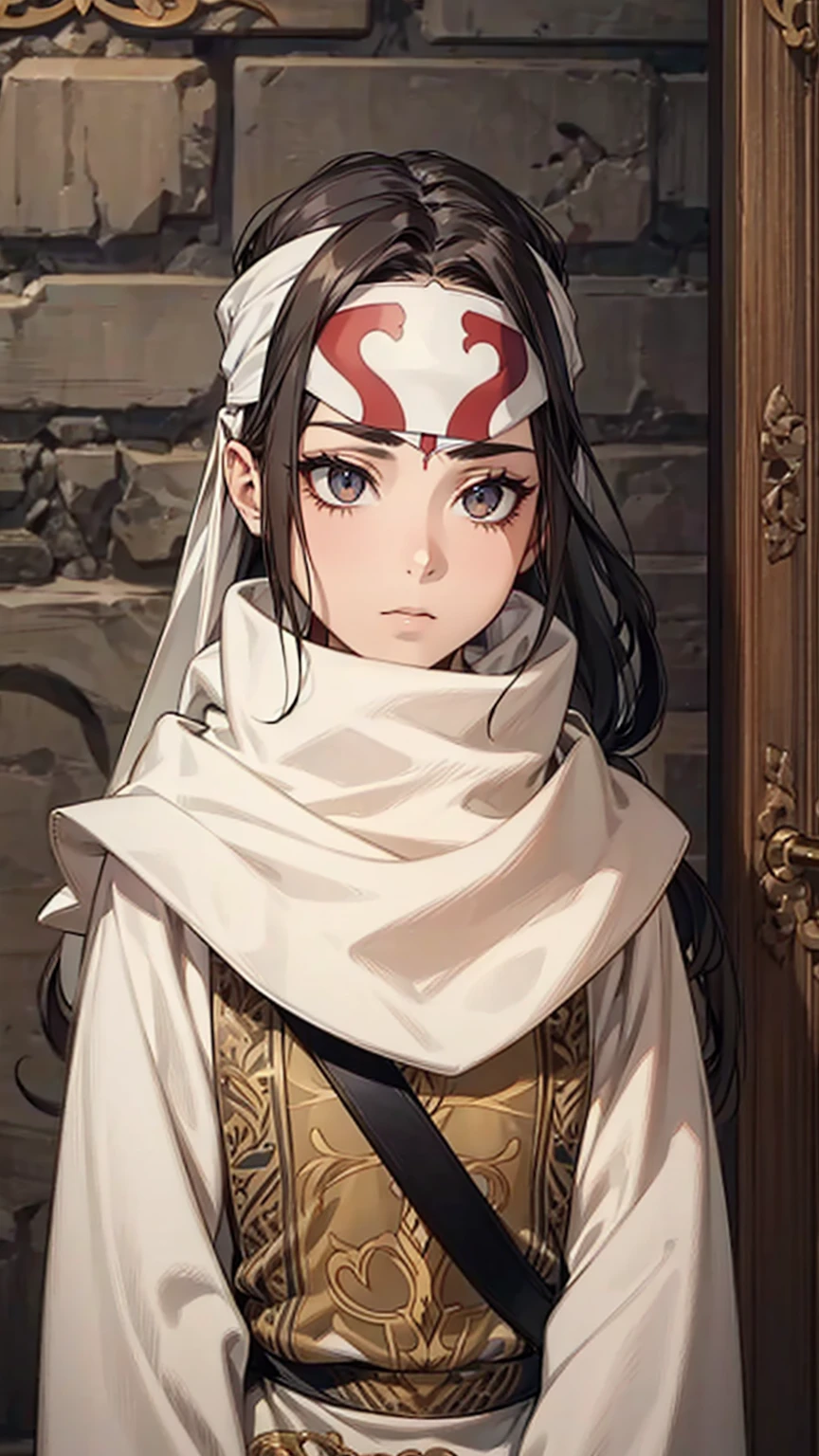 A woman with long hair, wearing a cowl and a headband on her forehead, standing in a small room, guarding and protecting the area, watching intently, with a sword on her back, detailed art work