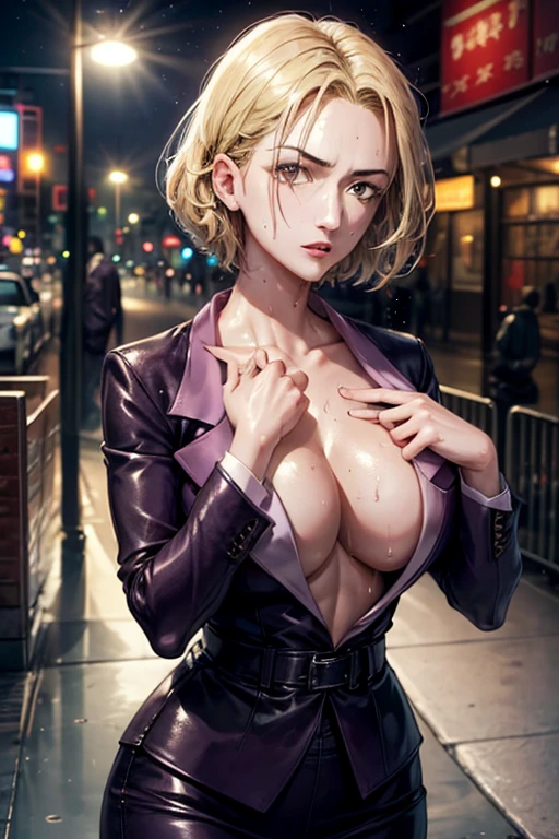 masterpiece, Highest quality, Unreal Engine, Super Resolution, Very detailed,
Beautiful woman, pakuwz, blonde hair, red eyes, cleavage, short hair, formal, purple jacket, high heels, no bra, purple skirt suit, large breasts, Vivid expression, Healthy Body, Beautifully detailed sweat glands, Smooth skin texture, Carefully drawn,
(humidity:1.5), Beautiful Eyes, (Attractive face:1.2), (Beautiful Skin), Tight waist, (Big Breasts), (Sticky with sweat), Dynamic pose,
In the world of Hunter Hunter, Outdoor, In the newyork city, night,